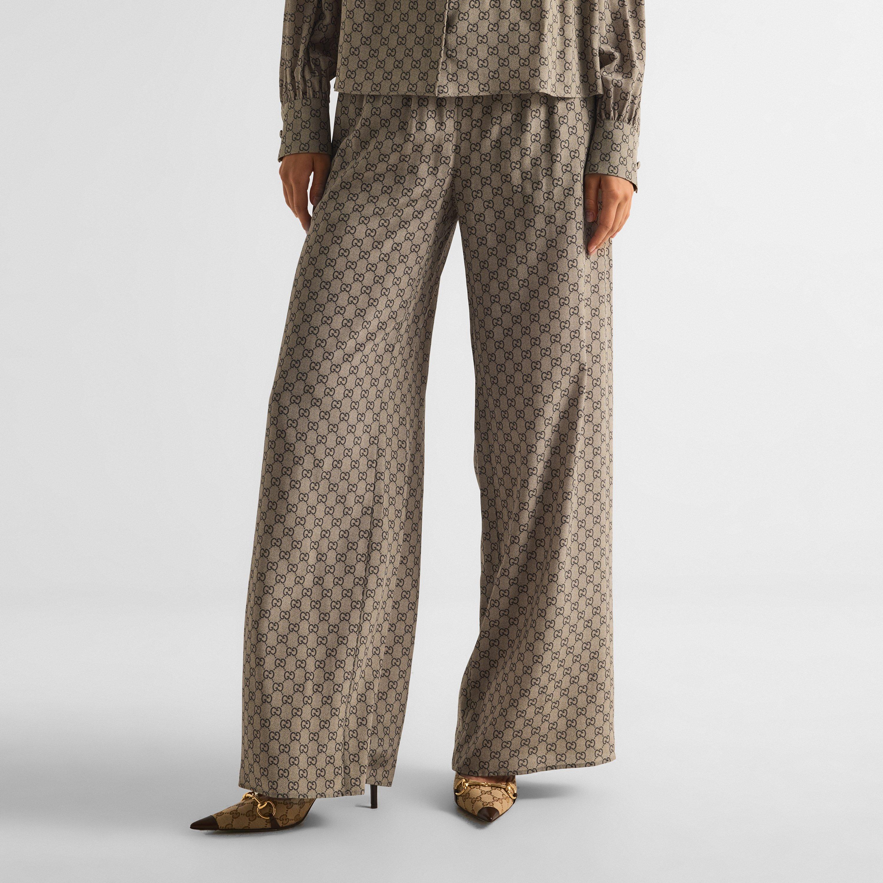 Beige/Ebony - Gucci - Women's GG Silk Wide-Leg Trousers - 3