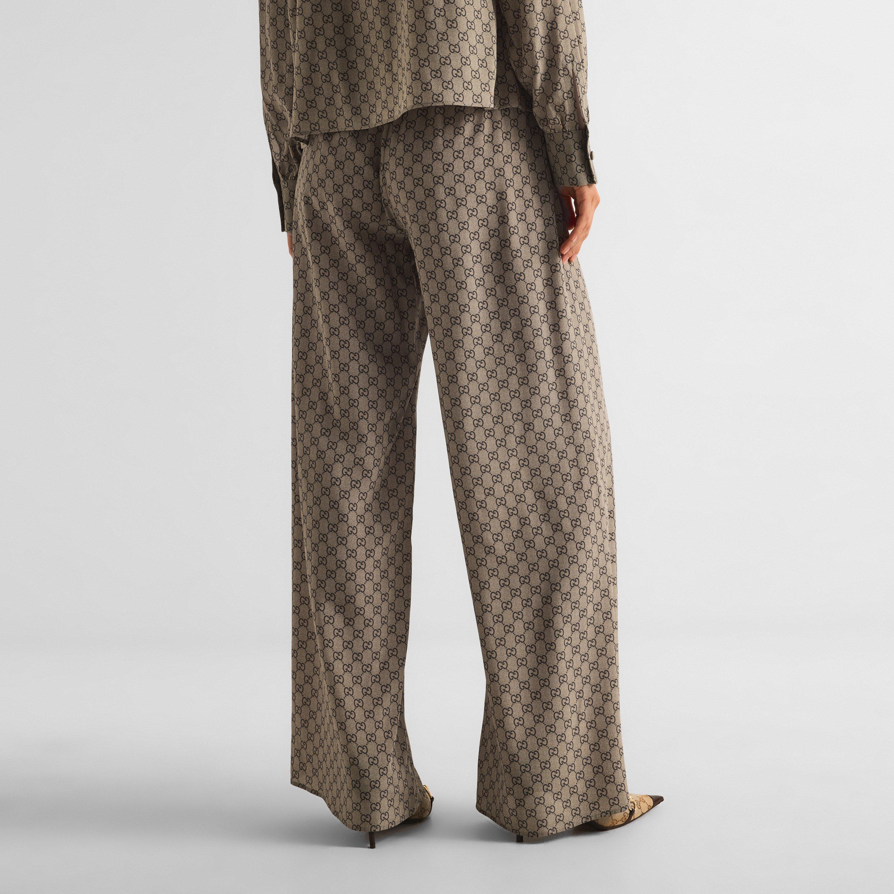 Beige/Ebony - Gucci - Women's GG Silk Wide-Leg Trousers - 4