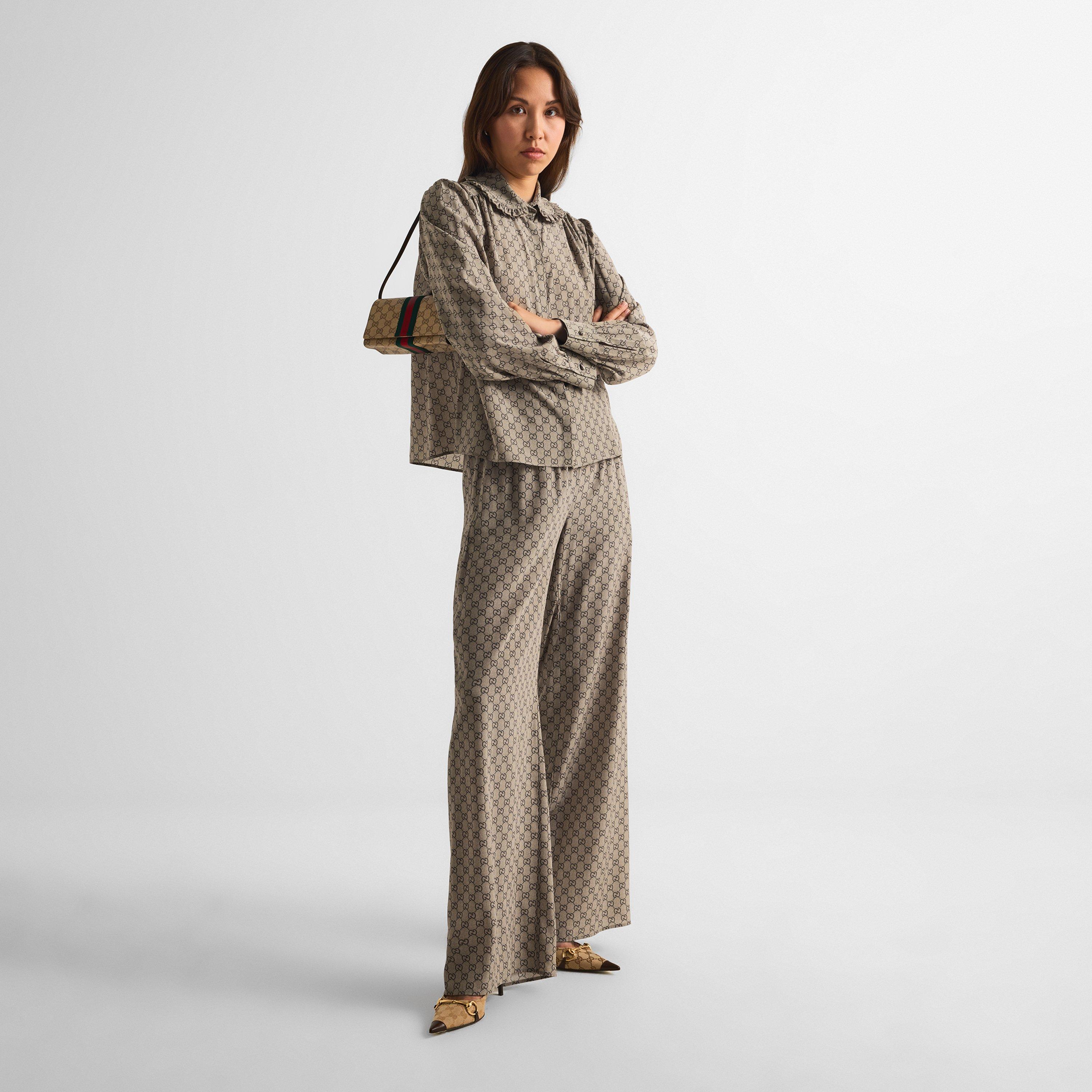 Beige/Ebony - Gucci - Women's GG Silk Wide-Leg Trousers - 5