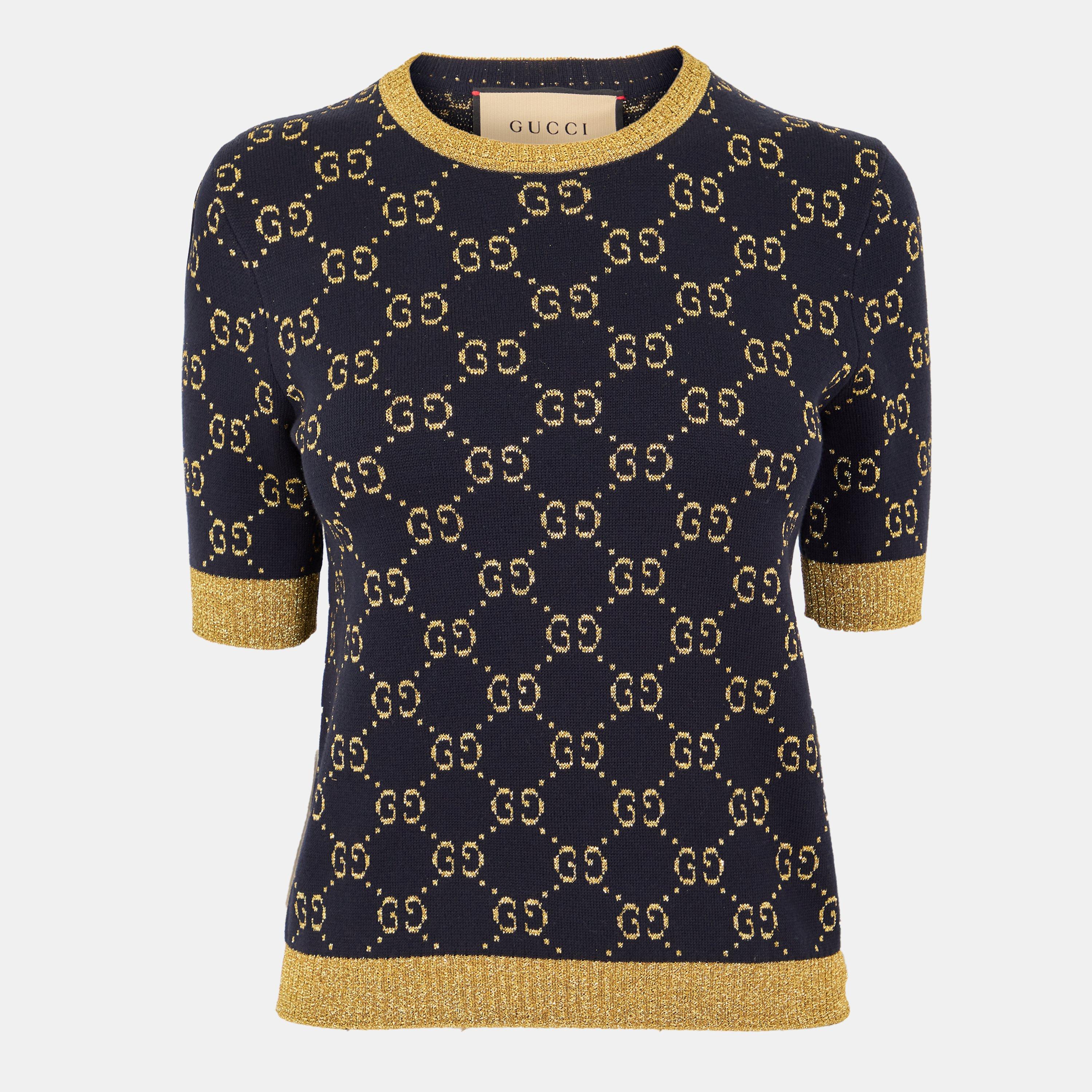 Navy/Gold 4921 - Gucci - Women's Logo Cotton GG Lamé Top - 1