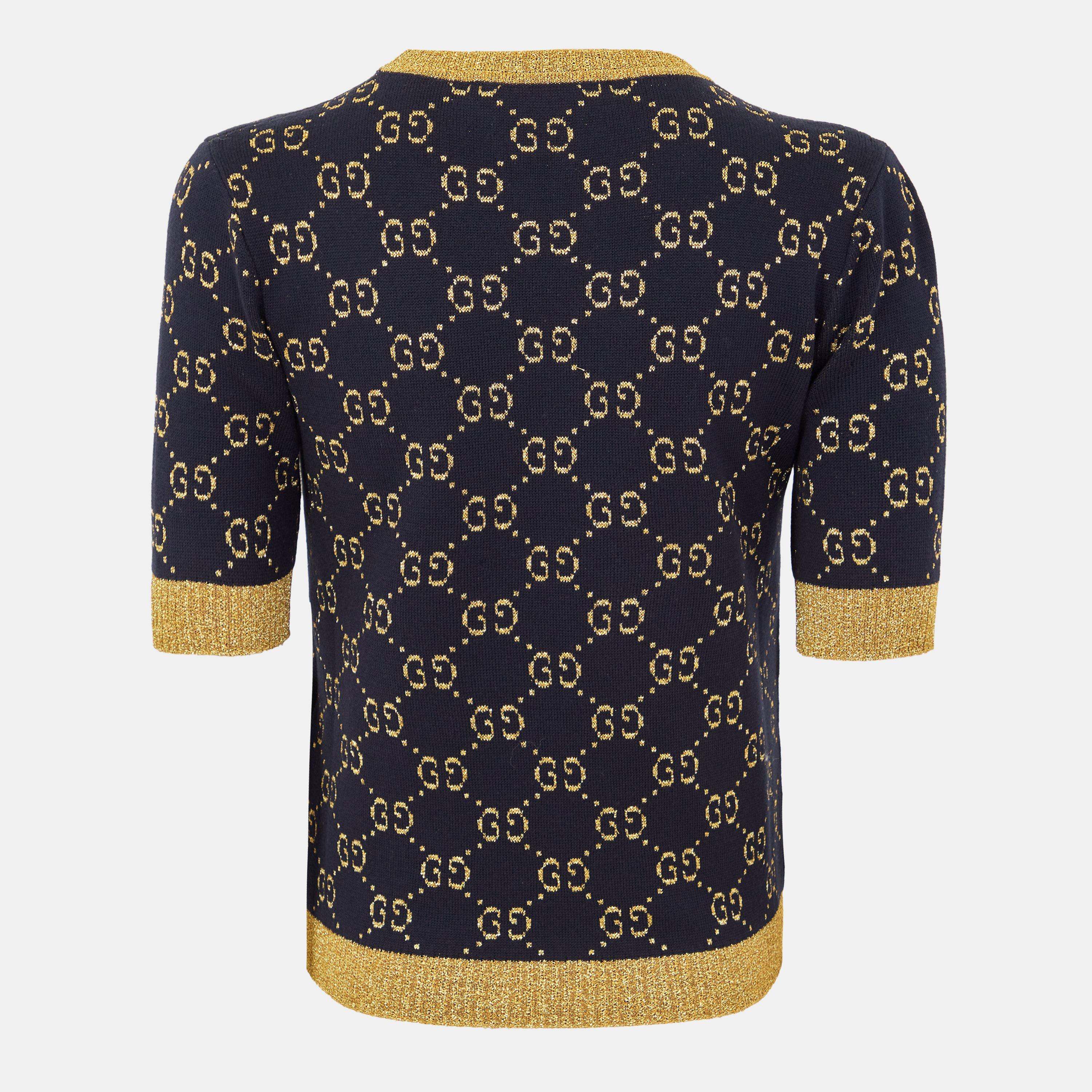 Navy/Gold 4921 - Gucci - Women's Logo Cotton GG Lamé Top - 2