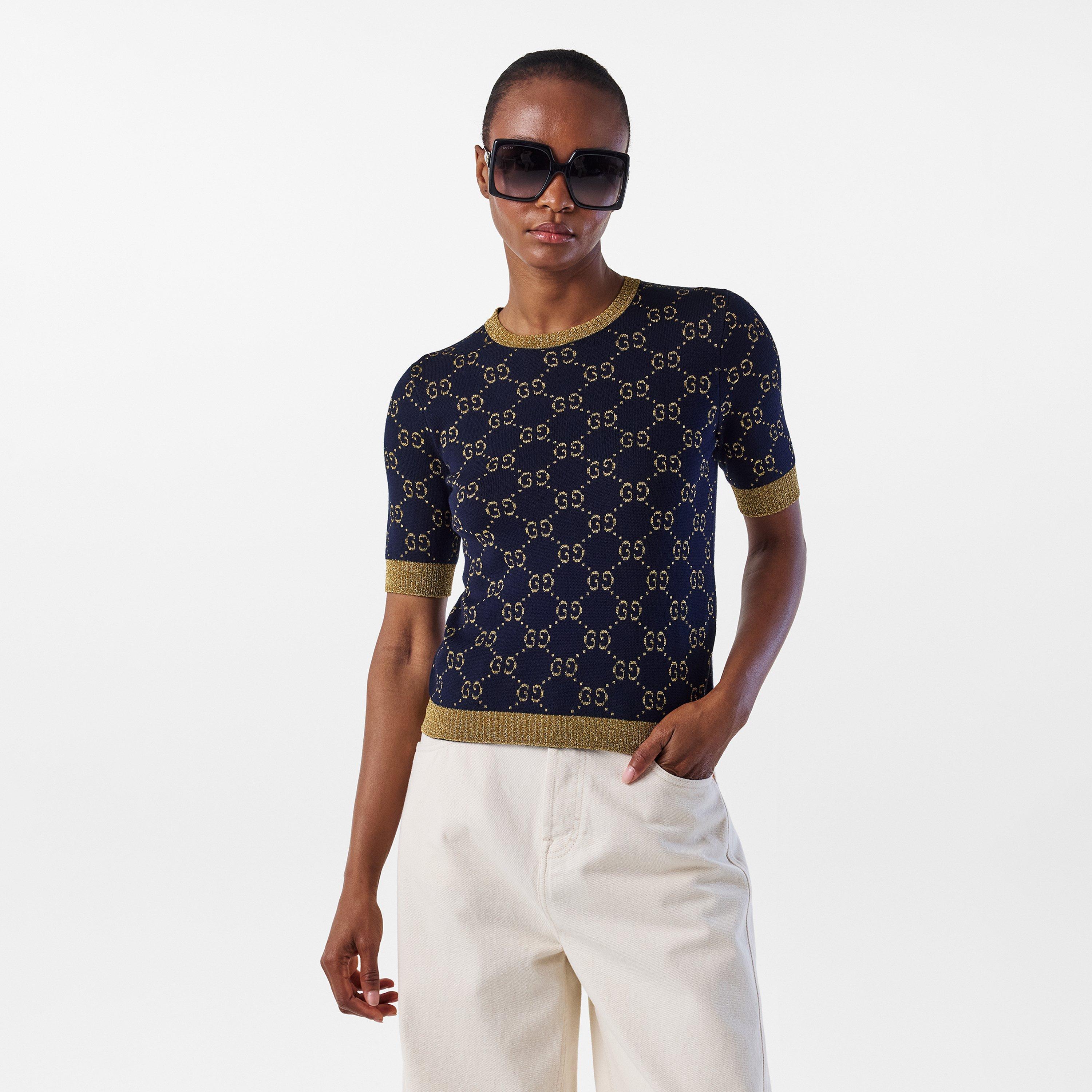 Navy/Gold 4921 - Gucci - Women's Logo Cotton GG Lamé Top - 3
