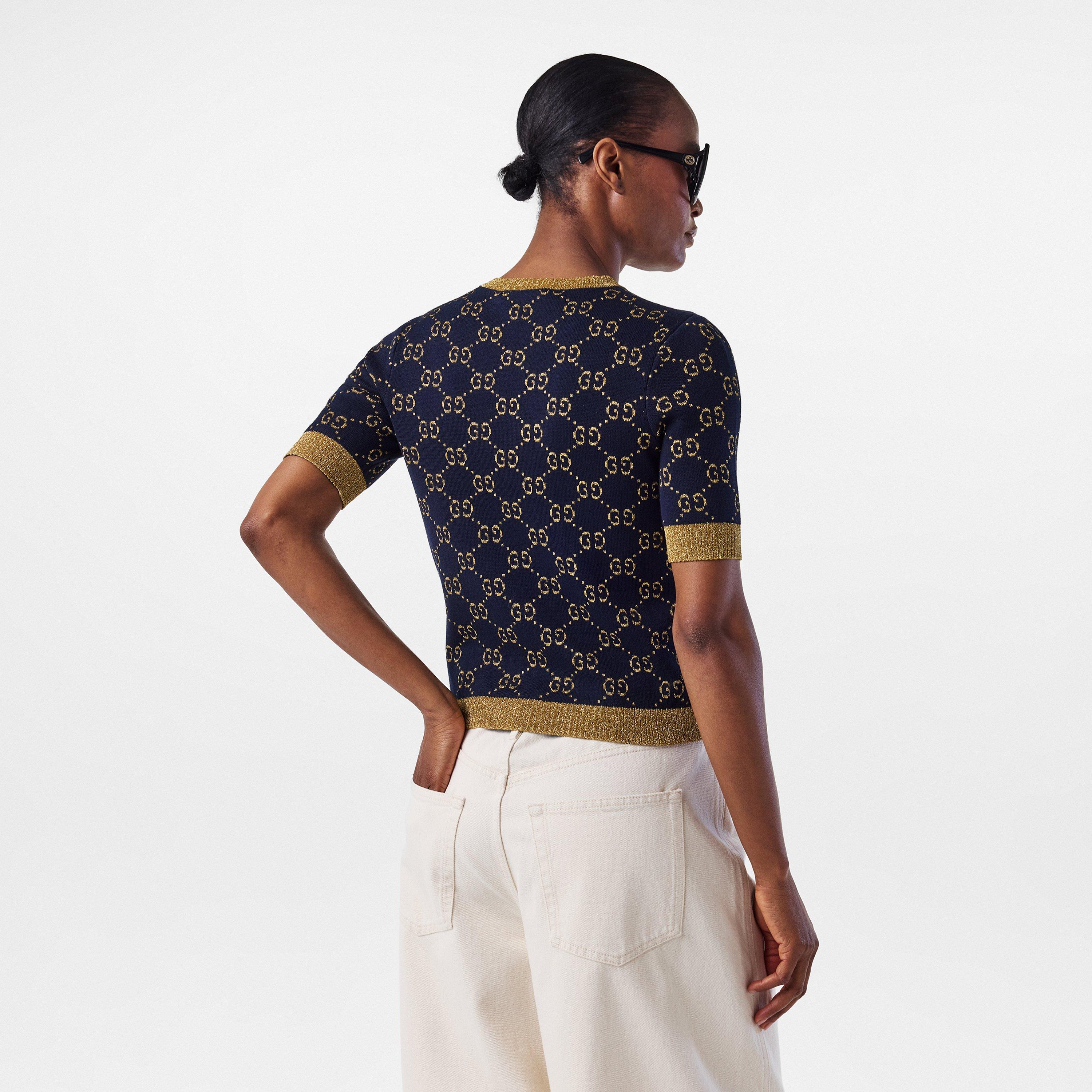 Navy/Gold 4921 - Gucci - Women's Logo Cotton GG Lamé Top - 4