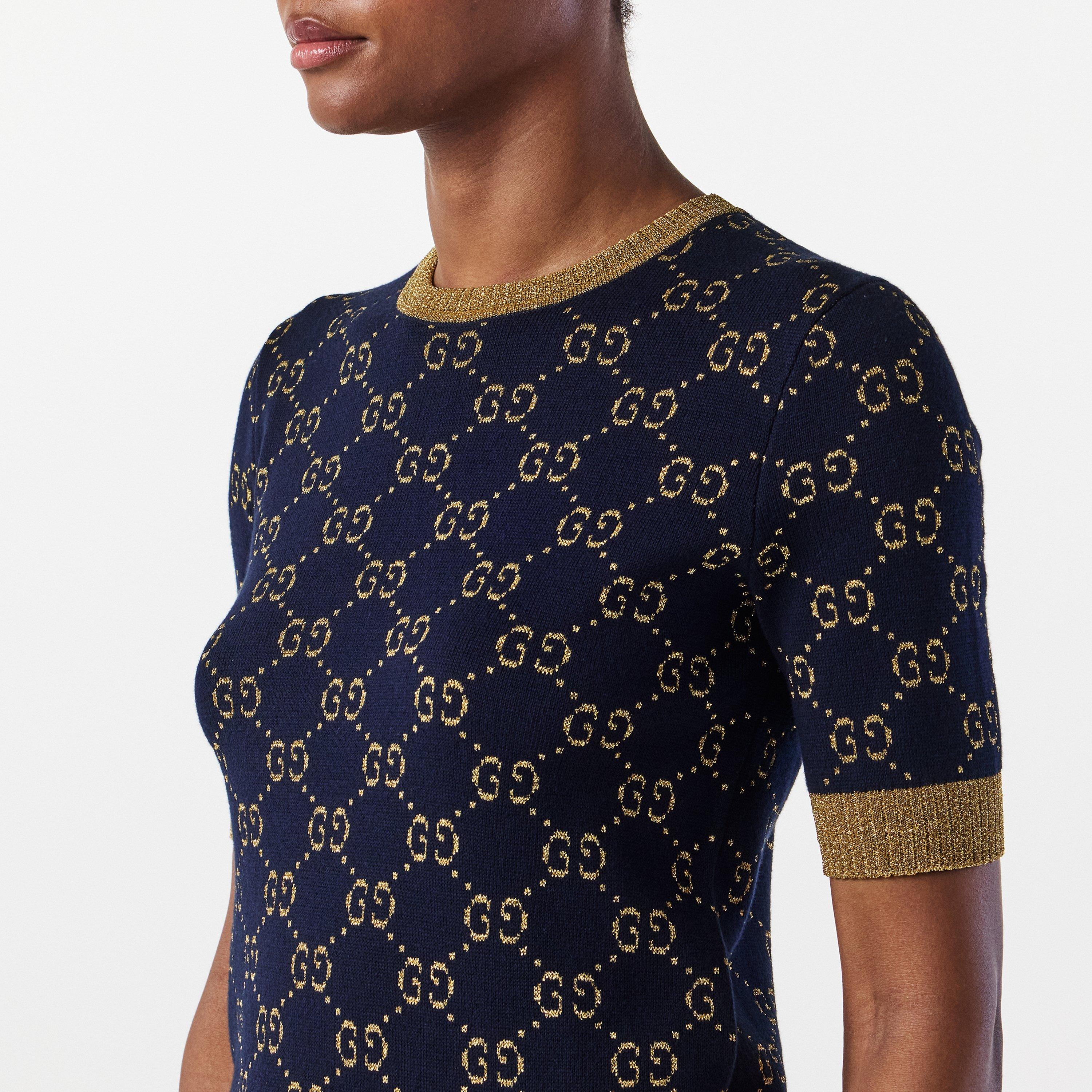 Navy/Gold 4921 - Gucci - Women's Logo Cotton GG Lamé Top - 5