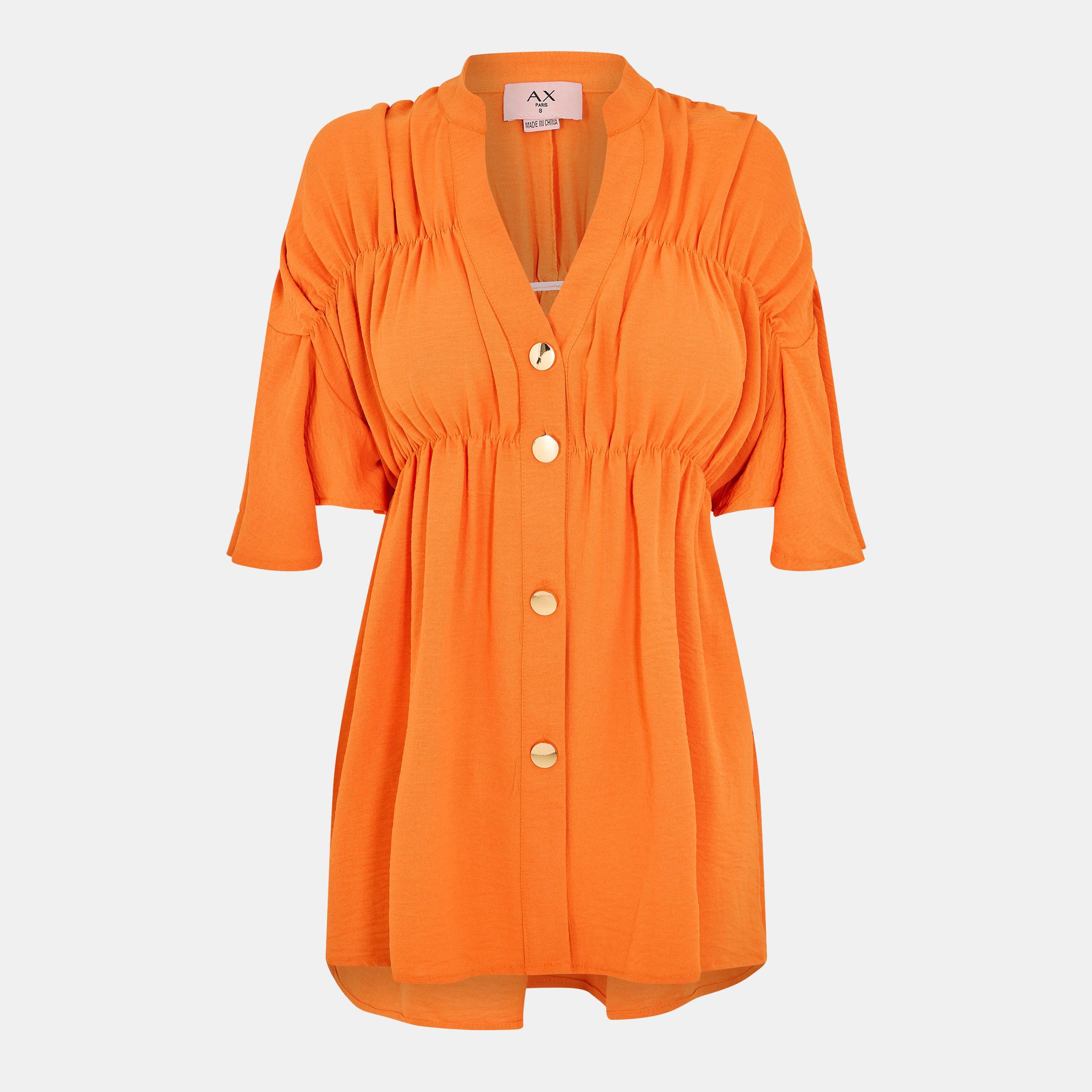 Orange - AX Paris - Orange Button Up Ruched Detail Smock V-Neck Top - 1