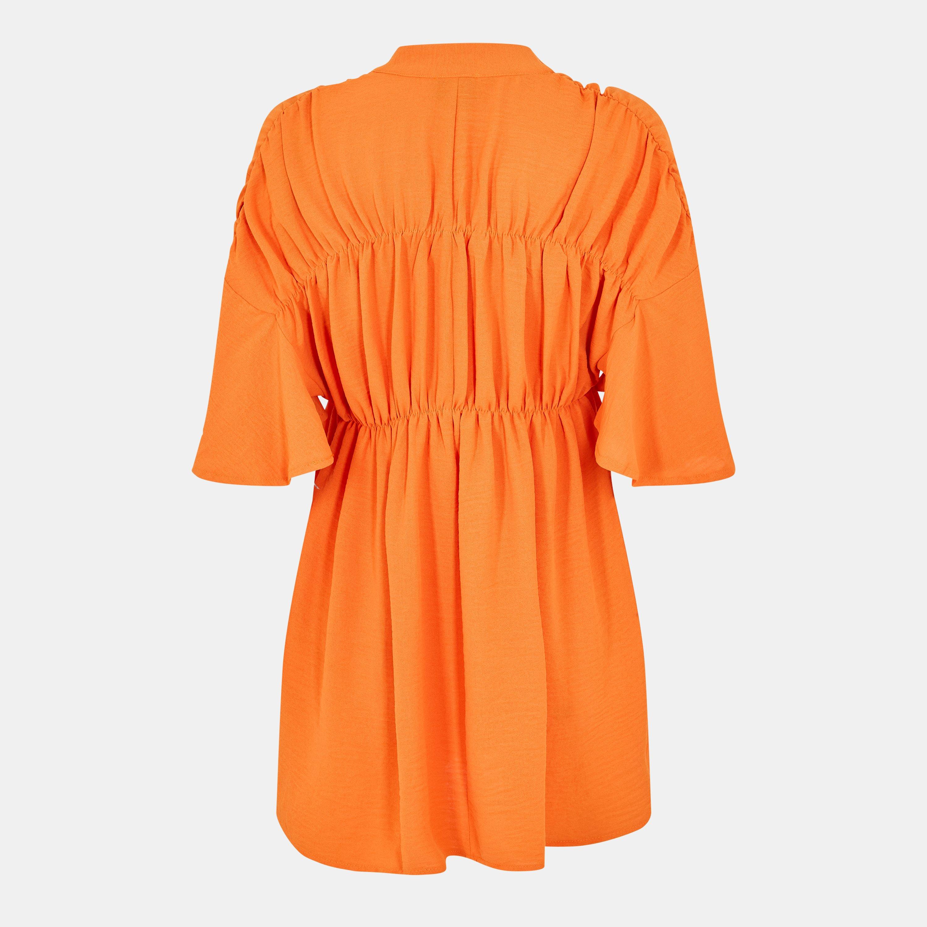 Orange - AX Paris - Orange Button Up Ruched Detail Smock V-Neck Top - 2