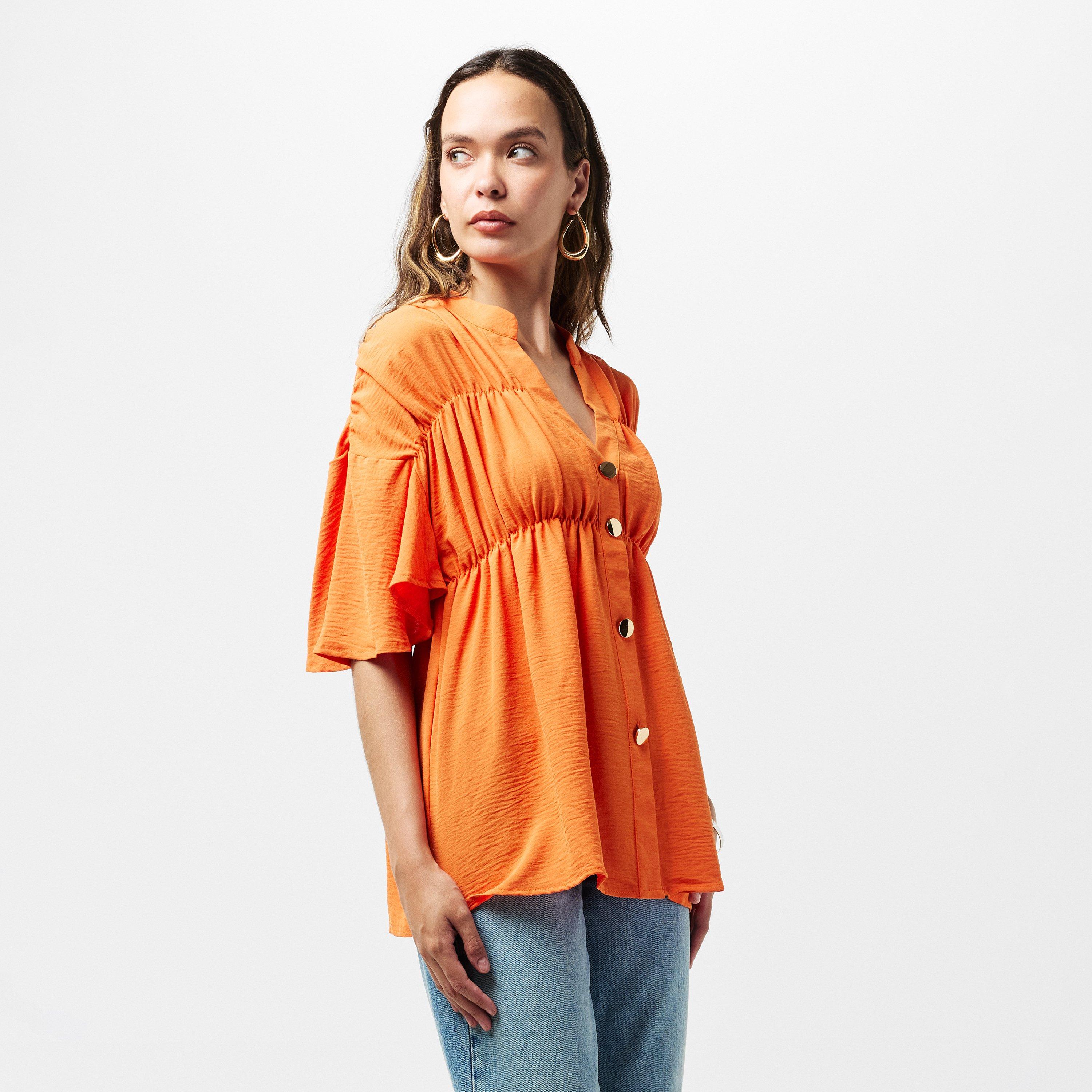 Orange - AX Paris - Orange Button Up Ruched Detail Smock V-Neck Top - 3