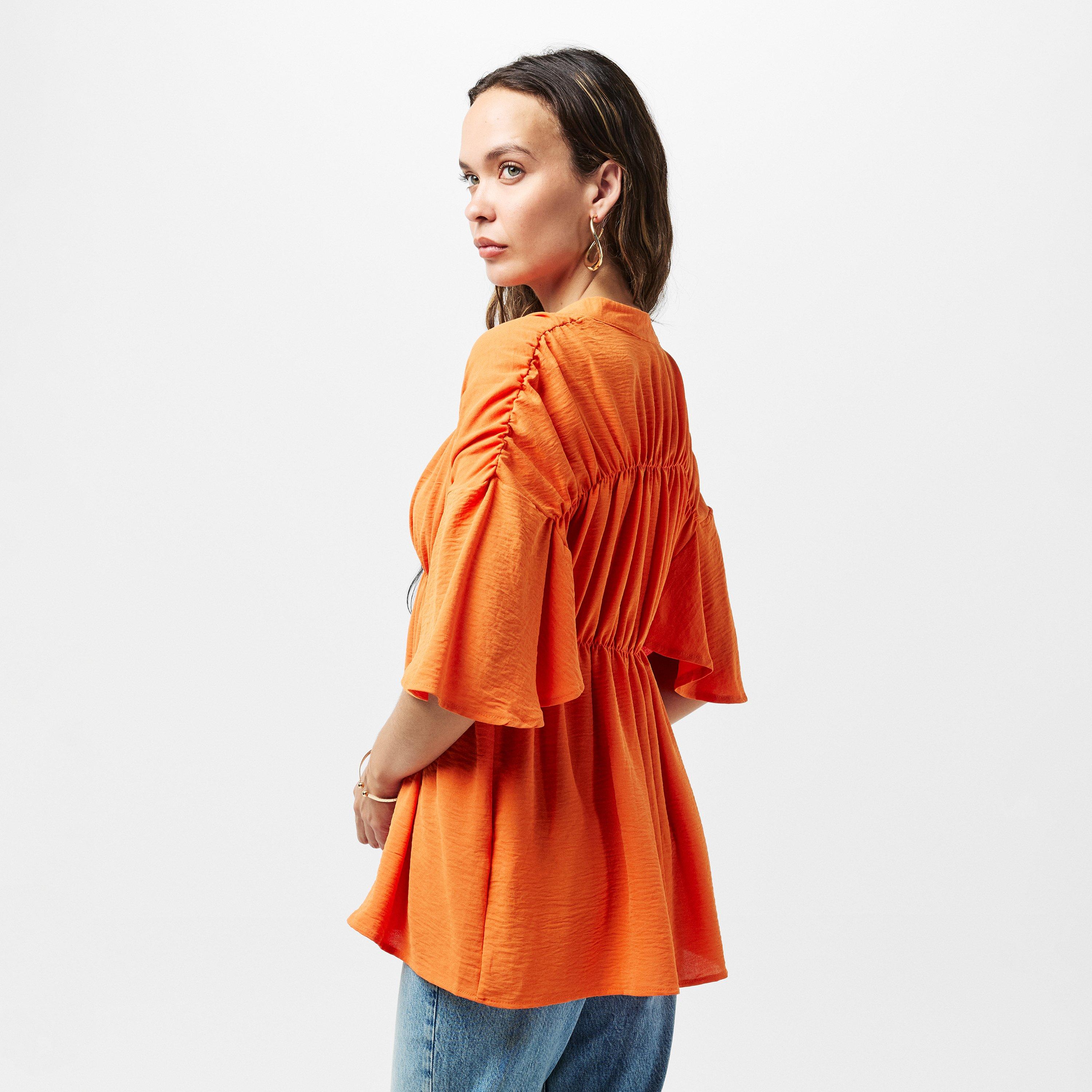 Orange - AX Paris - Orange Button Up Ruched Detail Smock V-Neck Top - 4