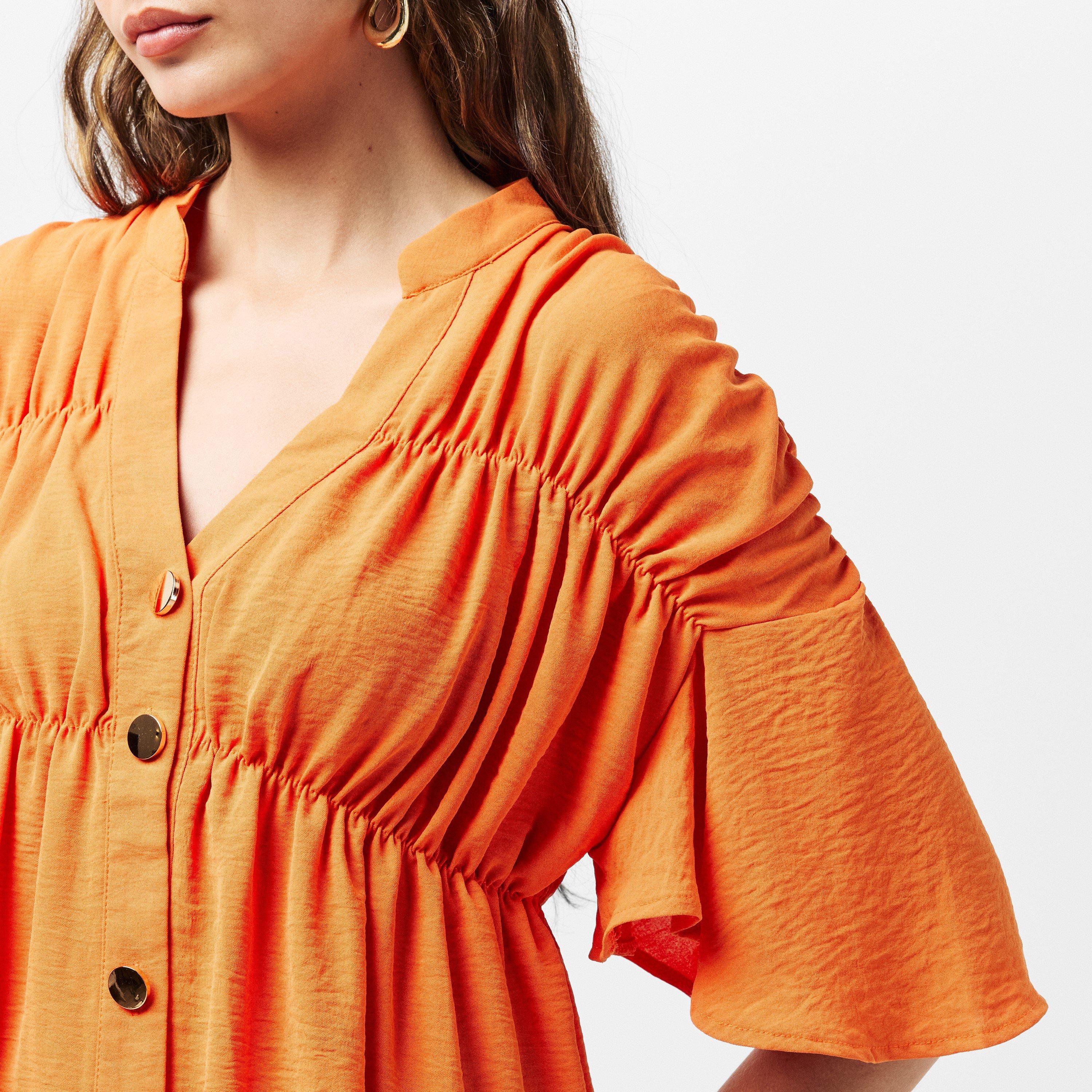 Orange - AX Paris - Orange Button Up Ruched Detail Smock V-Neck Top - 5