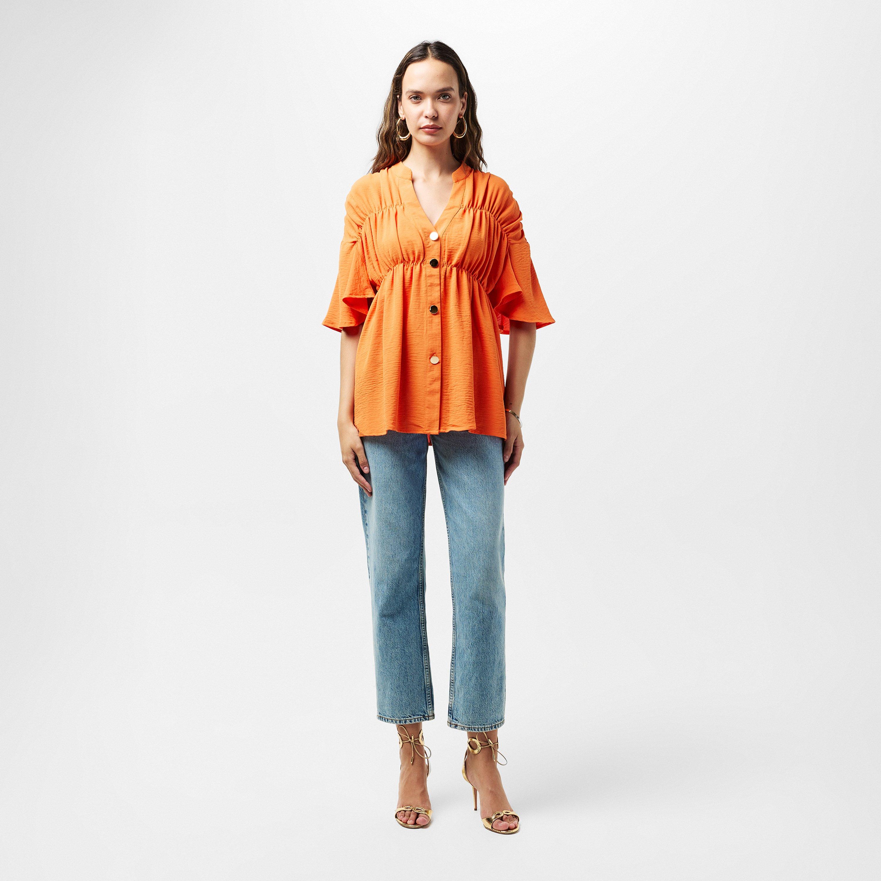 Orange - AX Paris - Orange Button Up Ruched Detail Smock V-Neck Top - 6