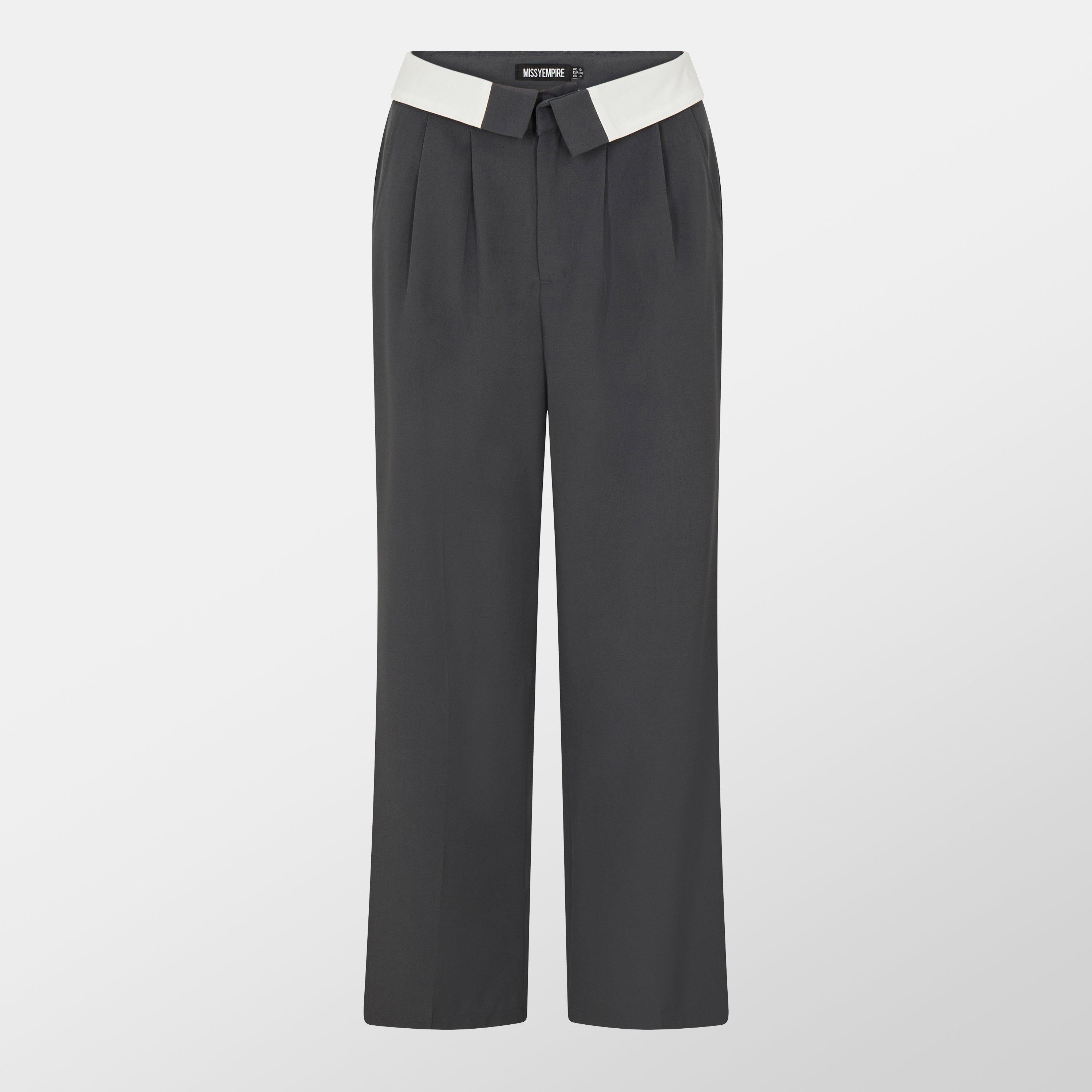 Missy Empire Women's Satin Fold Over Waist Wide Leg Trousers - Charcoal - 10 (S)