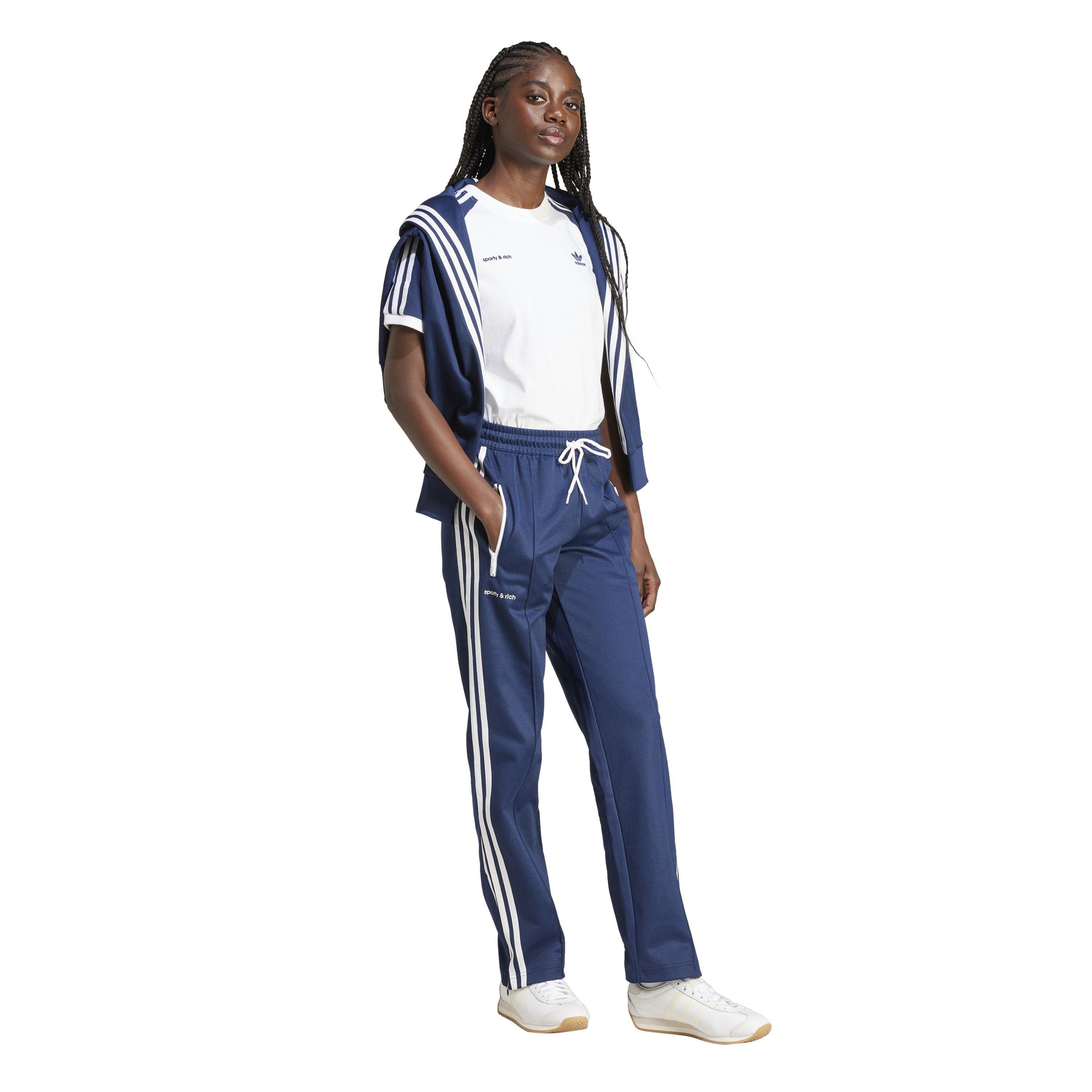 Night Indigo - adidas Originals - Women's Sporty And Rich Logo Blue Open Hem Woven Tracksuit Joggers - 6