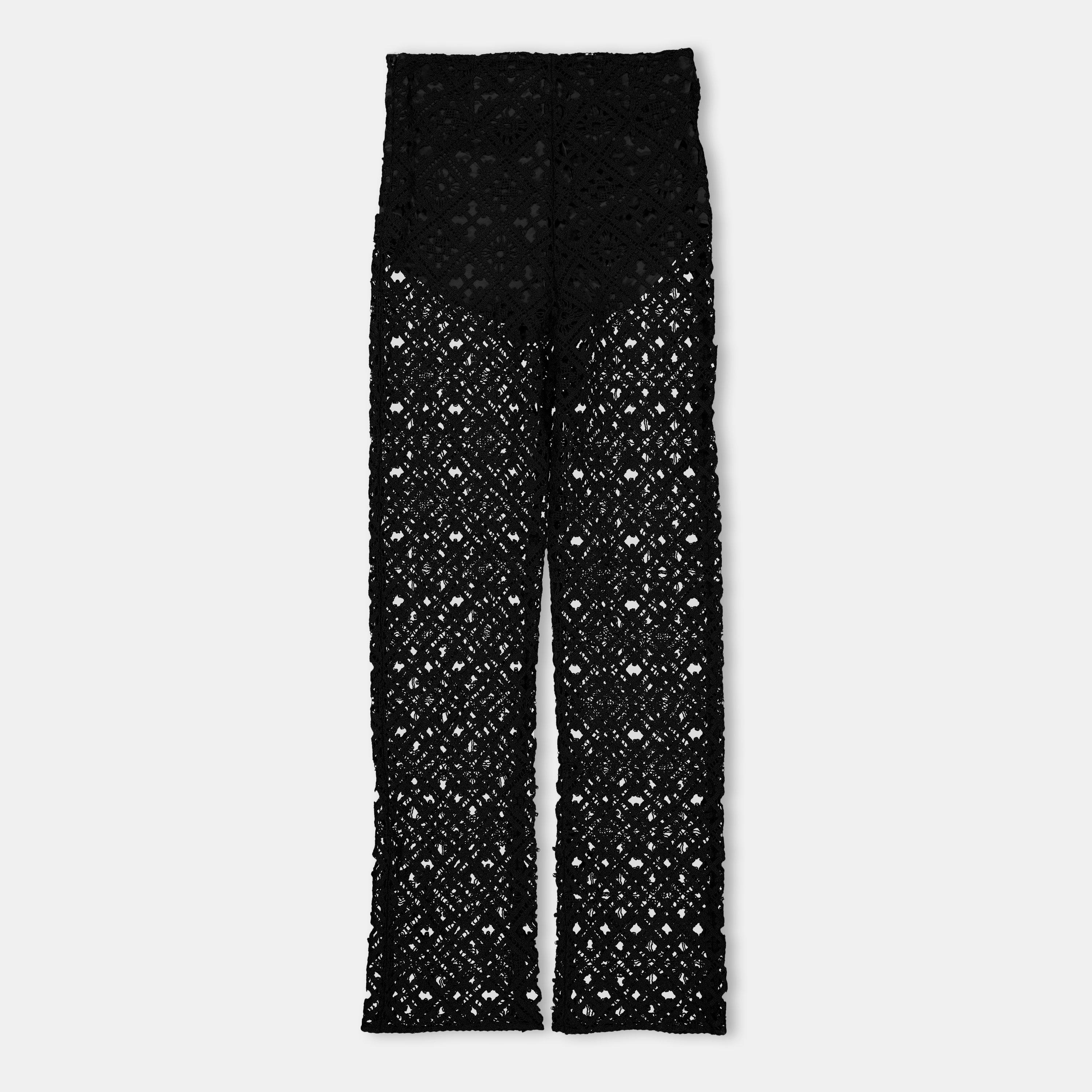 Black - Off White - Women's Knitted Trousers, Fabric Trousers - 2