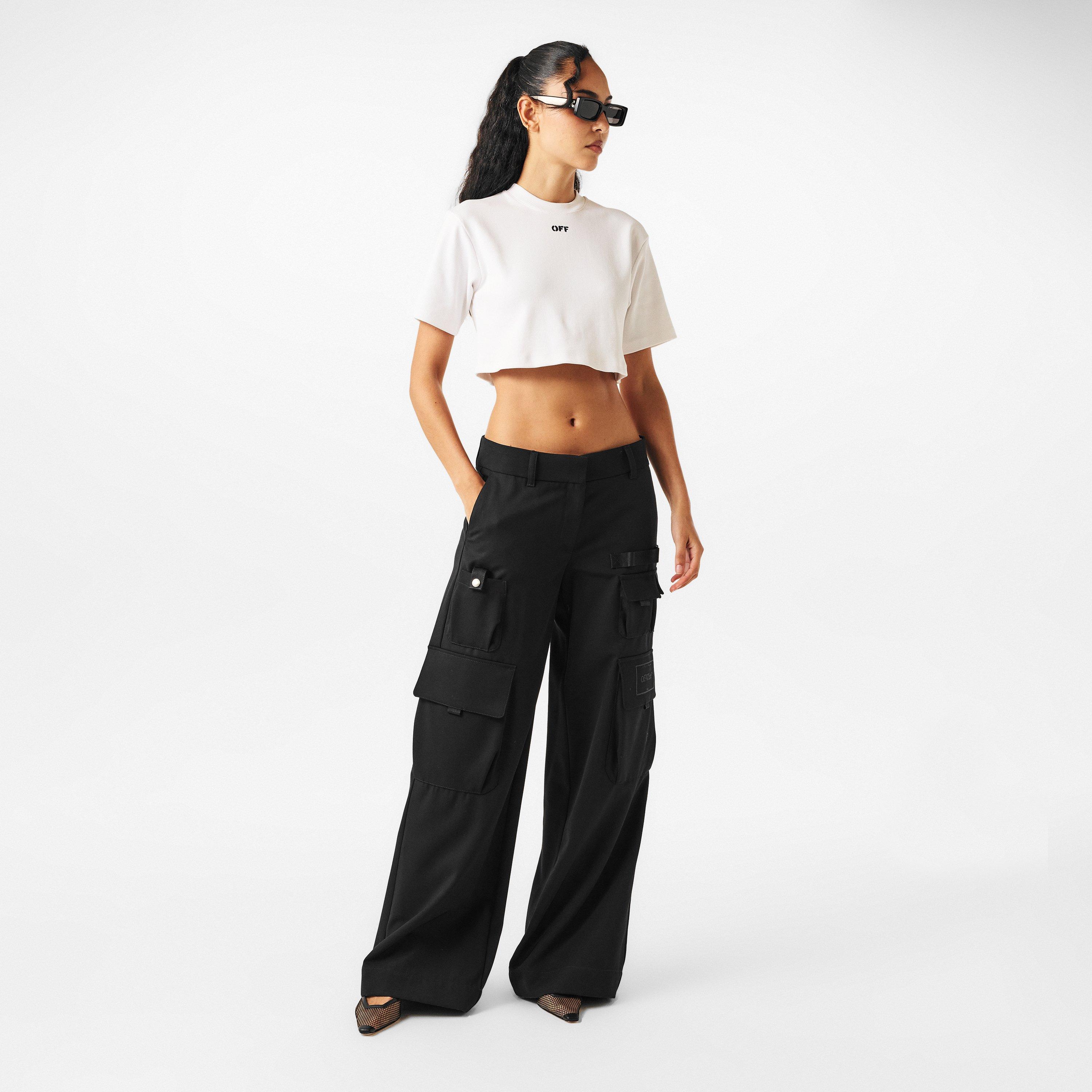 Black - Off White - Women's Relaxed Cargo Trousers - 6