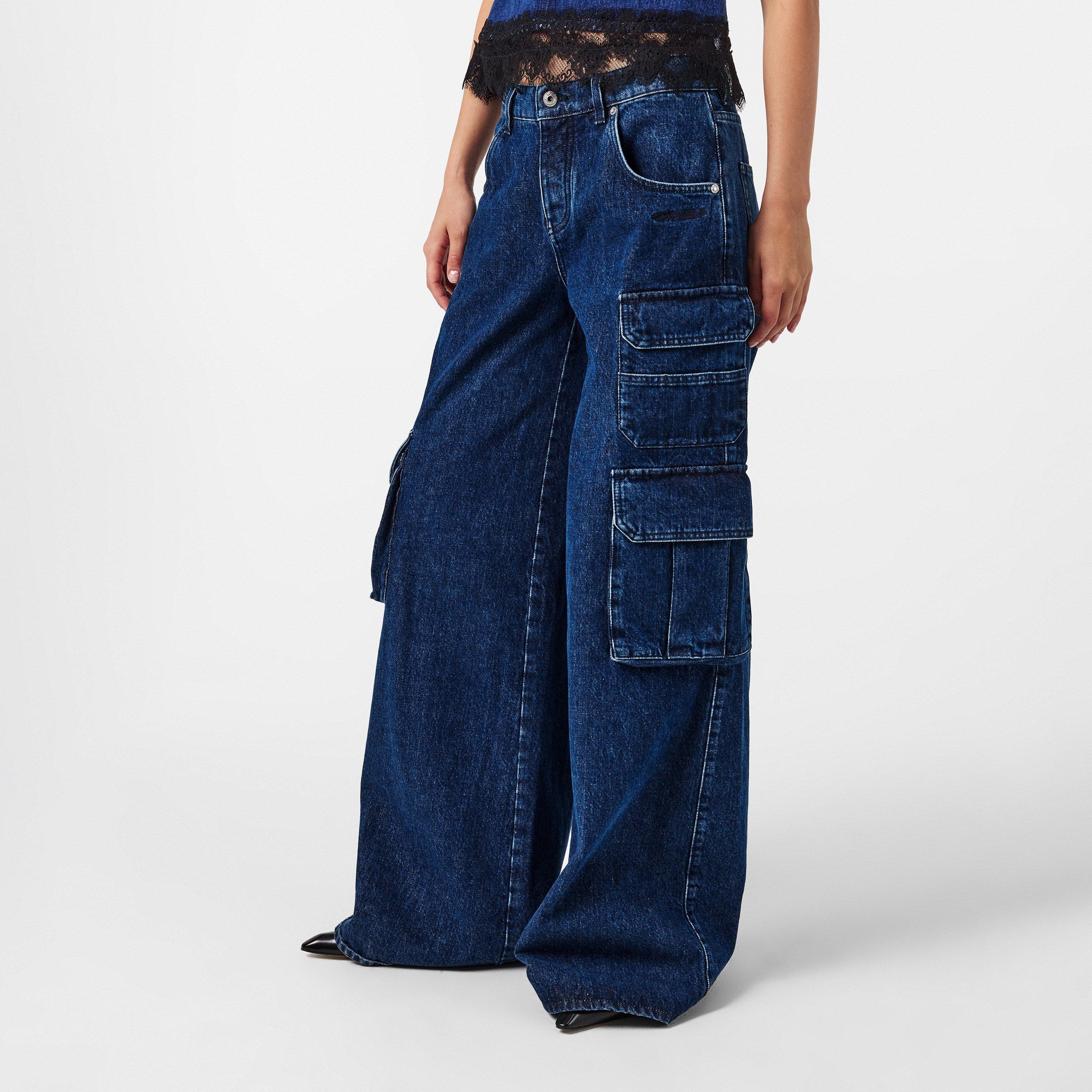 Blue - Off White - Women's Cargo Trousers - 3