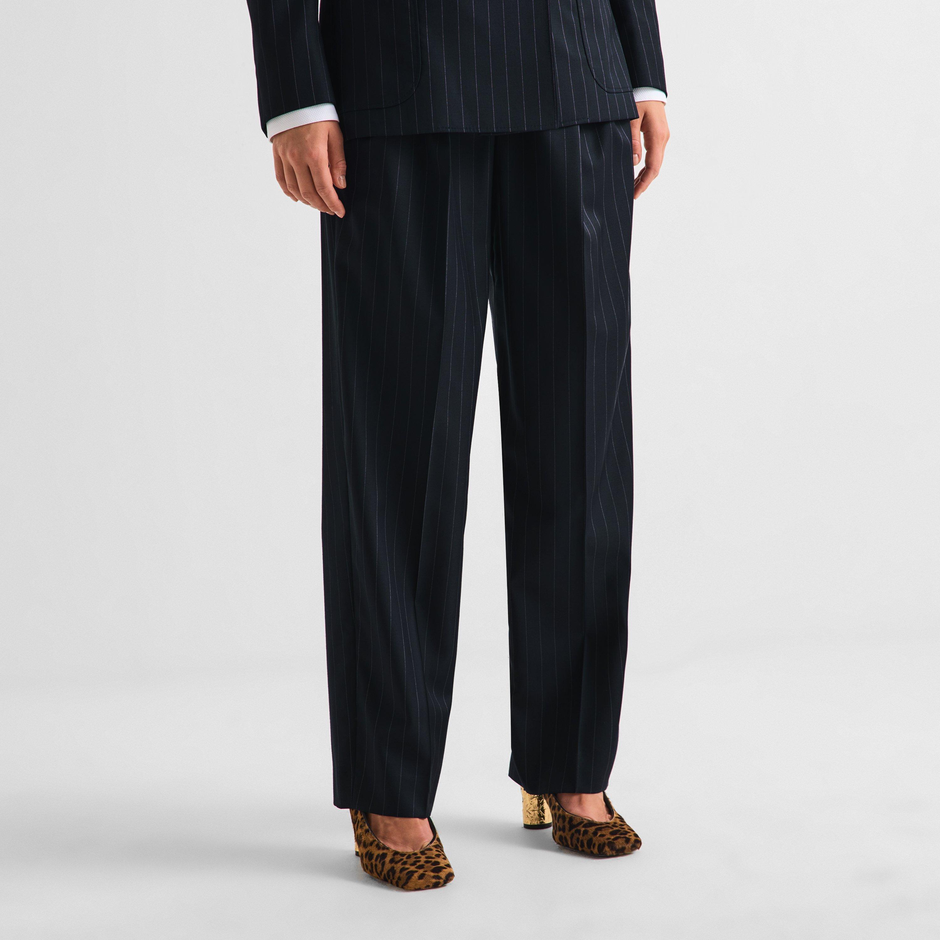 Dark Navy - GIVENCHY - Women's Double Pleat Pinstripe Wool Wide-Leg Trousers - 3