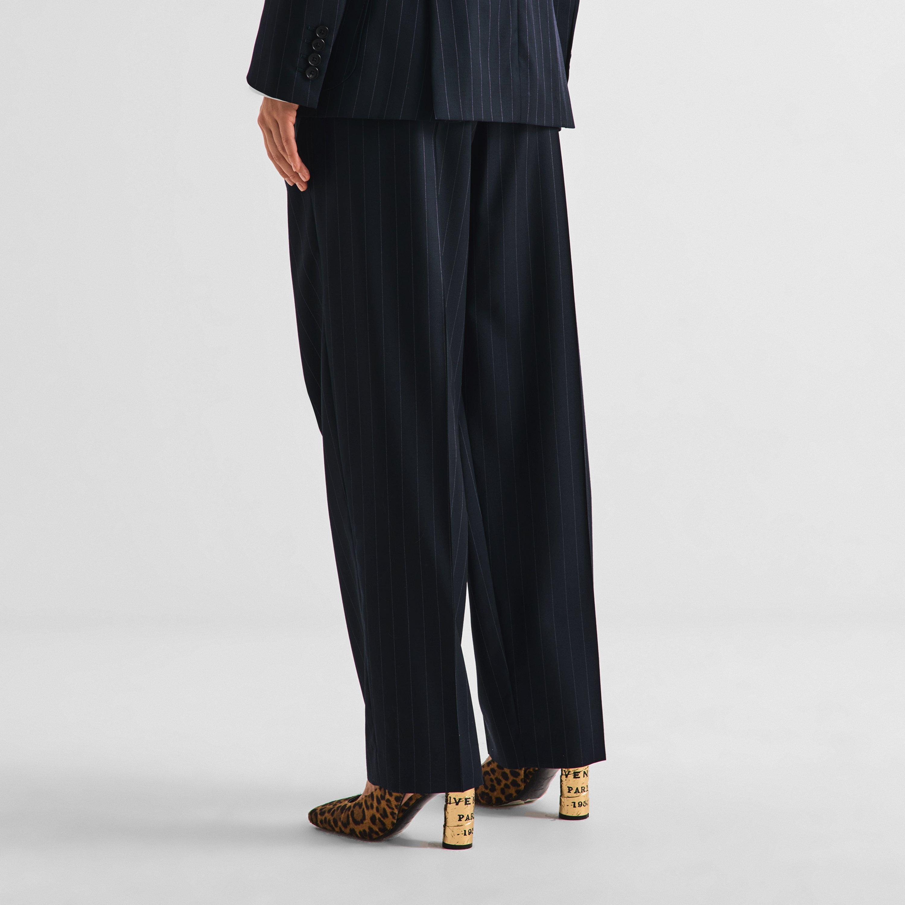 Dark Navy - GIVENCHY - Women's Double Pleat Pinstripe Wool Wide-Leg Trousers - 4