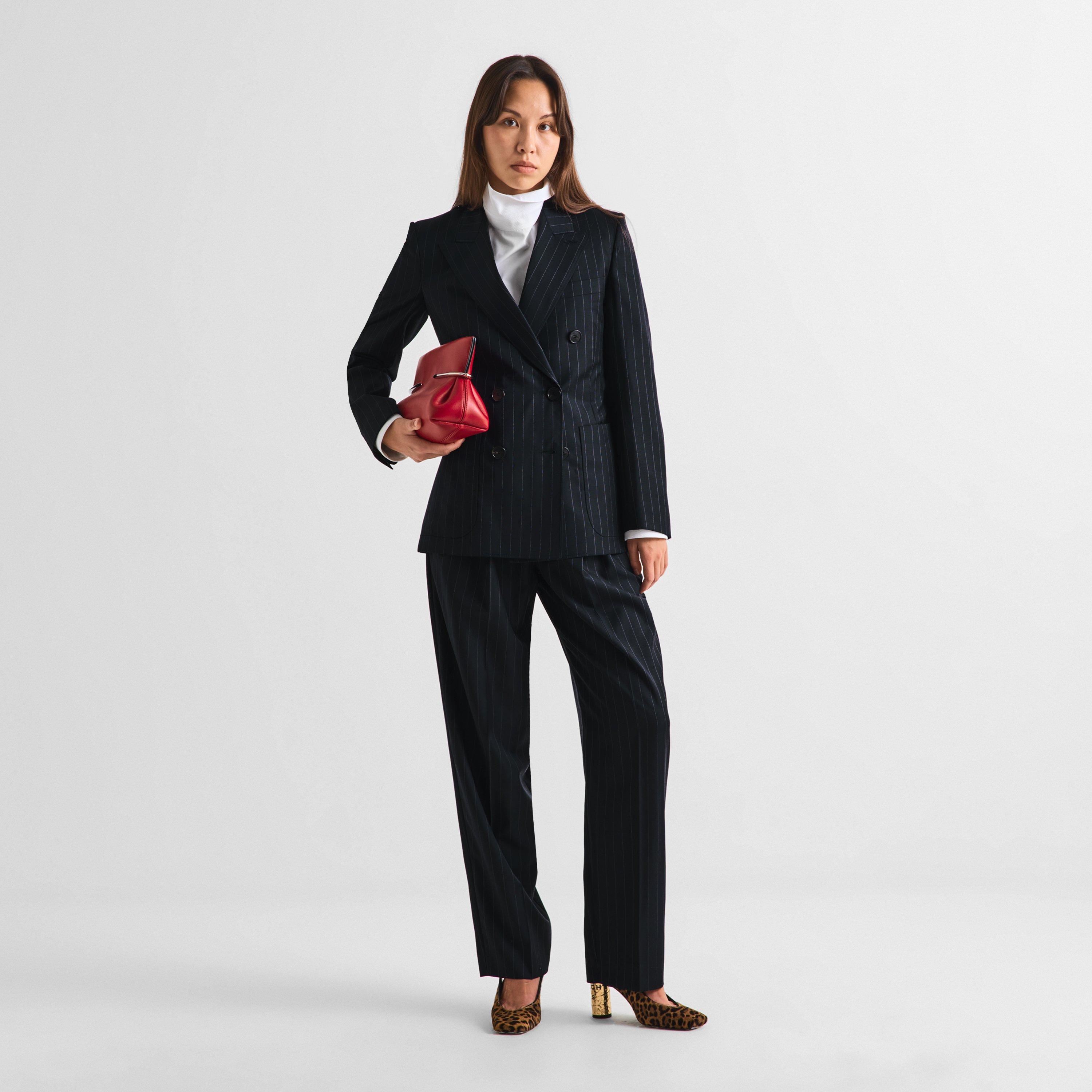 Dark Navy - GIVENCHY - Women's Double Pleat Pinstripe Wool Wide-Leg Trousers - 6