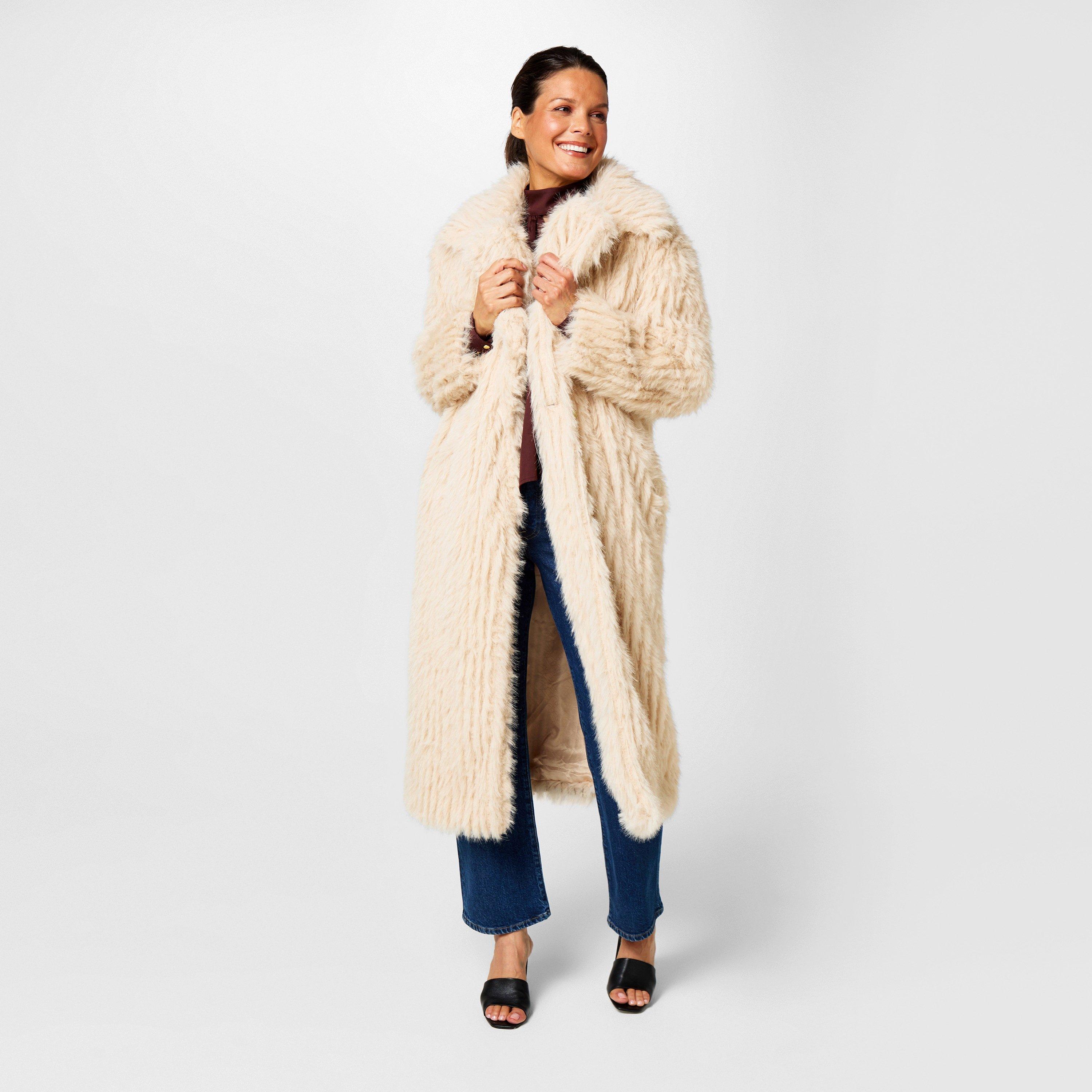 Cream - Biba - Women's Clipped Longline Faux Fur Long Sleeve Button-Up Coat - 1