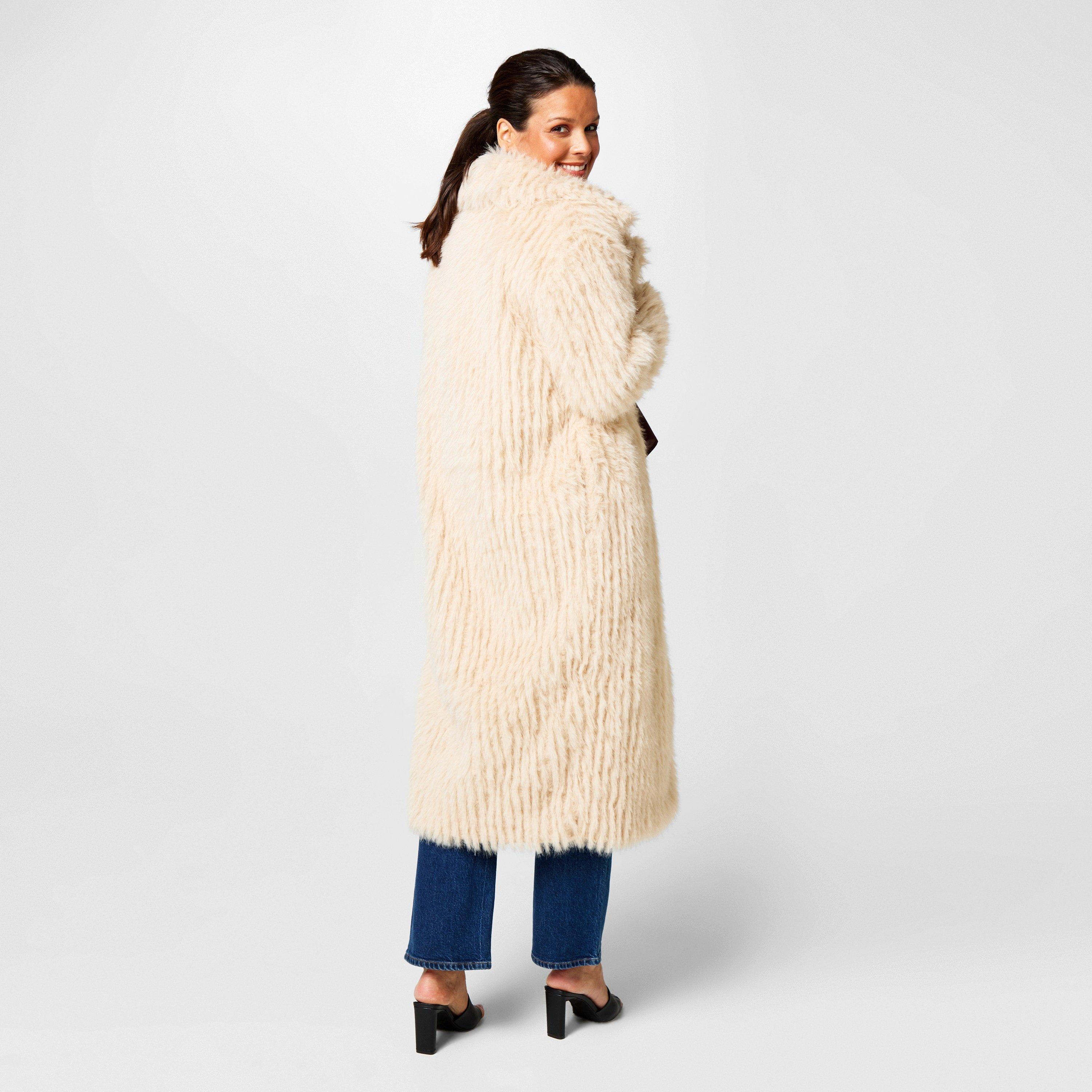 Creme - Biba - Women's Clipped Longline Faux Fur Long Sleeve Button-Up Coat - 2