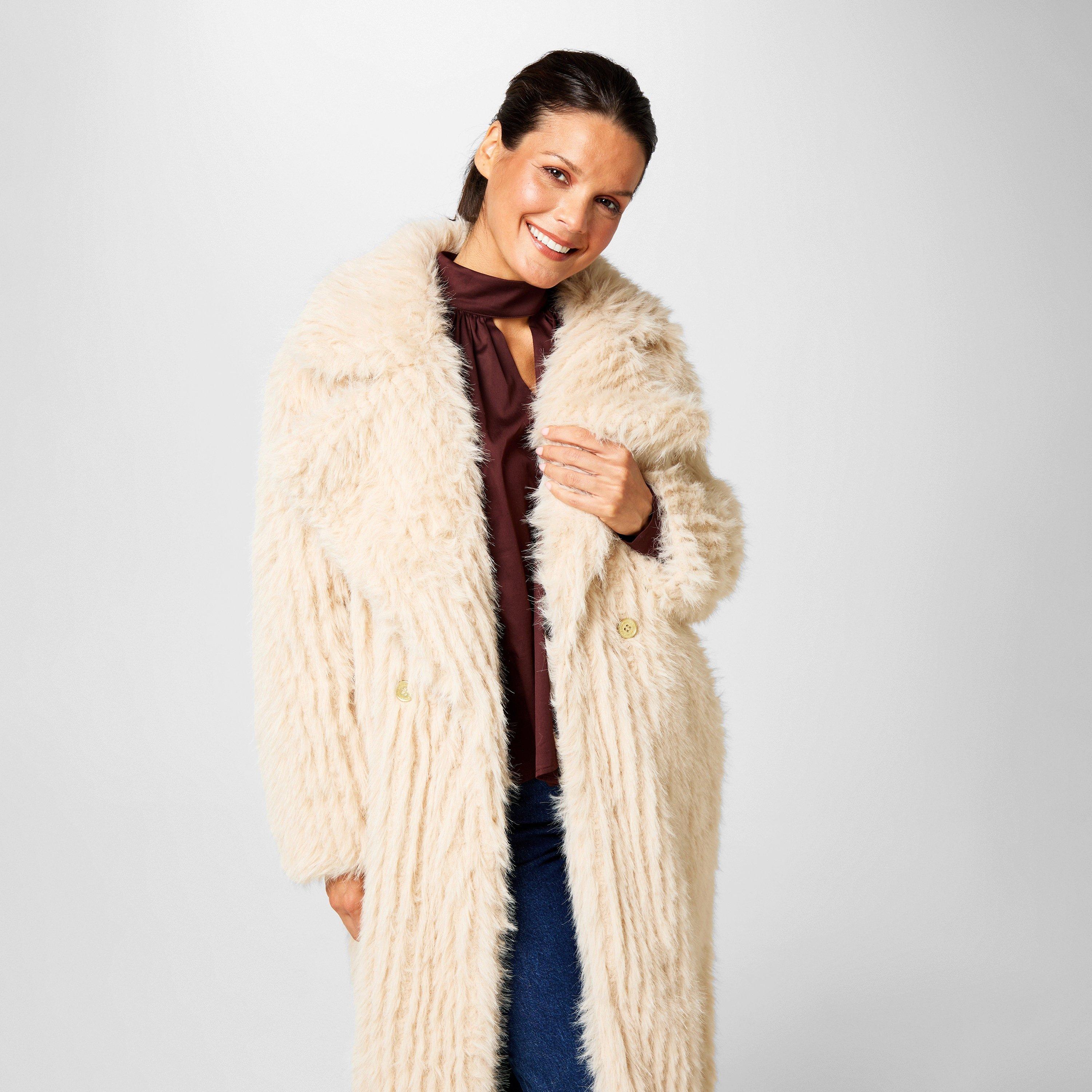 Creme - Biba - Women's Clipped Longline Faux Fur Long Sleeve Button-Up Coat - 3