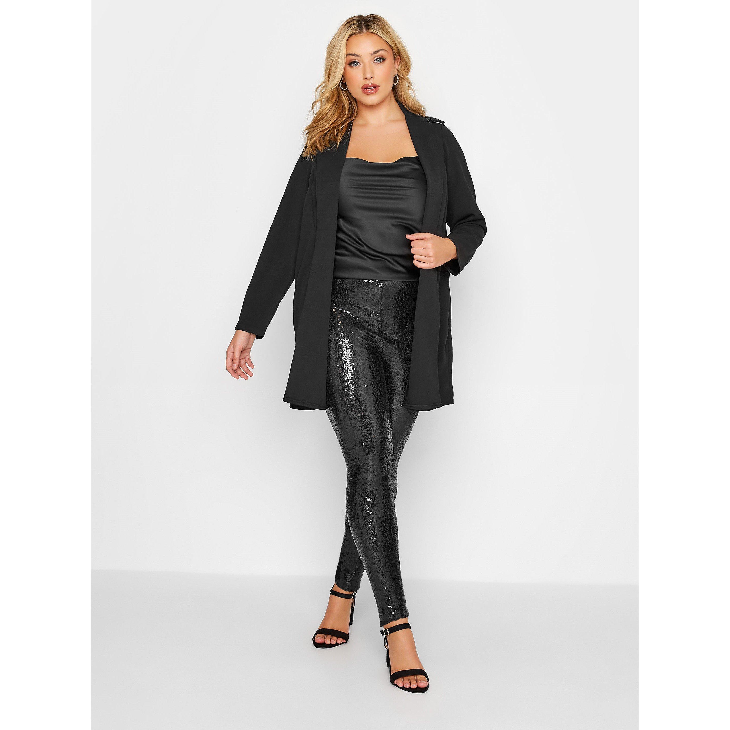 Black - YOURS - Curve Sequin Stretch Black Leggings - 2