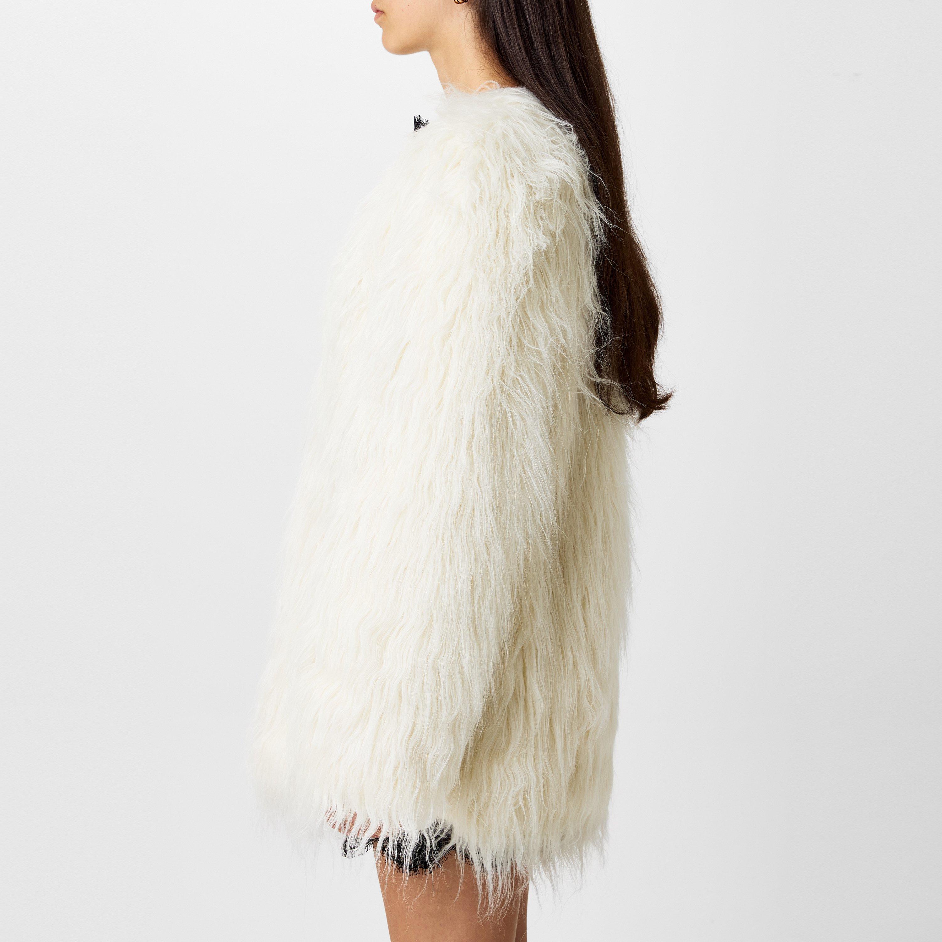 Craie/Noir - Saint Laurent - Women's Long Sleeve Lambskin Trim Oversized Fit Faux Fur Coat - 2