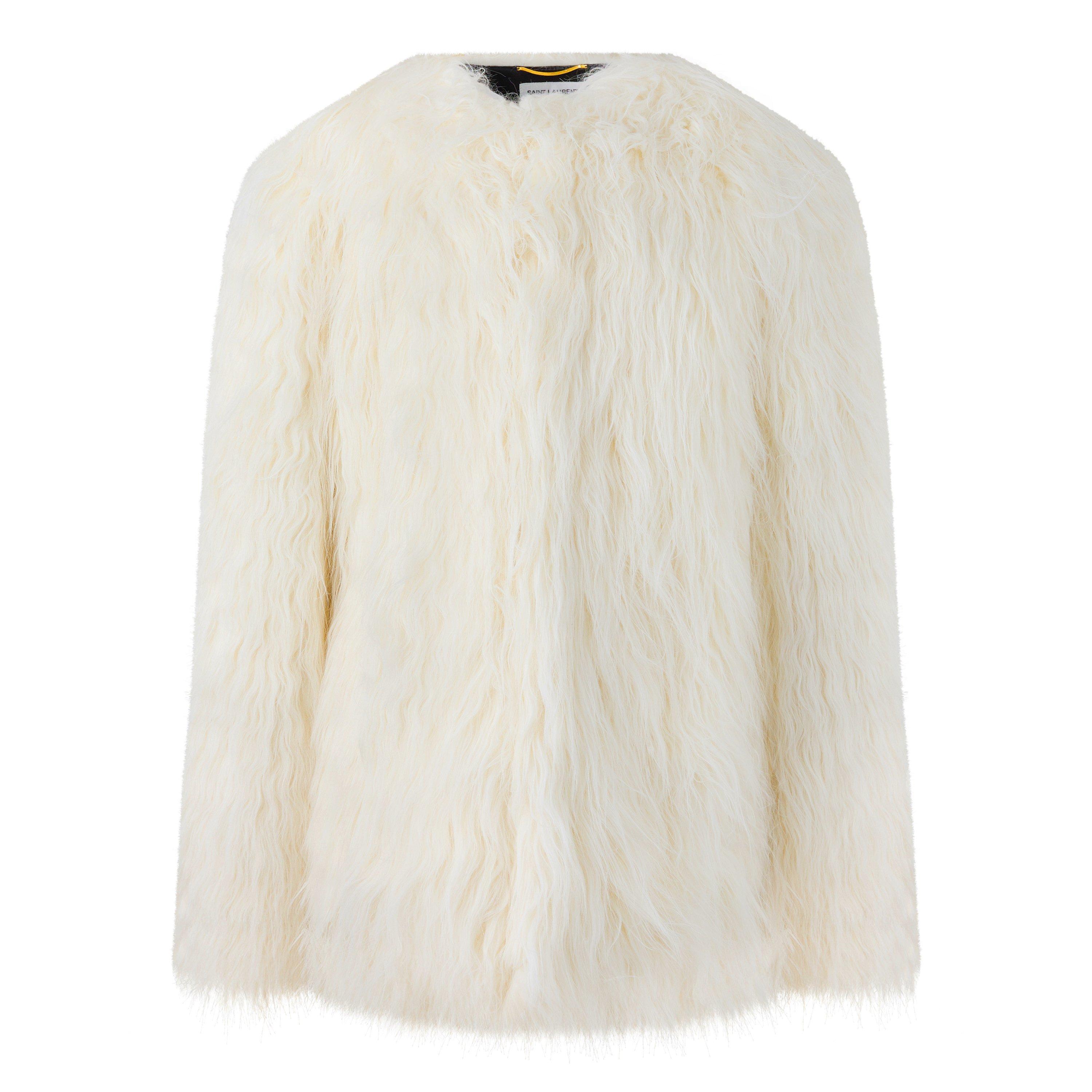 Craie/Noir - Saint Laurent - Women's Long Sleeve Lambskin Trim Oversized Fit Faux Fur Coat - 5