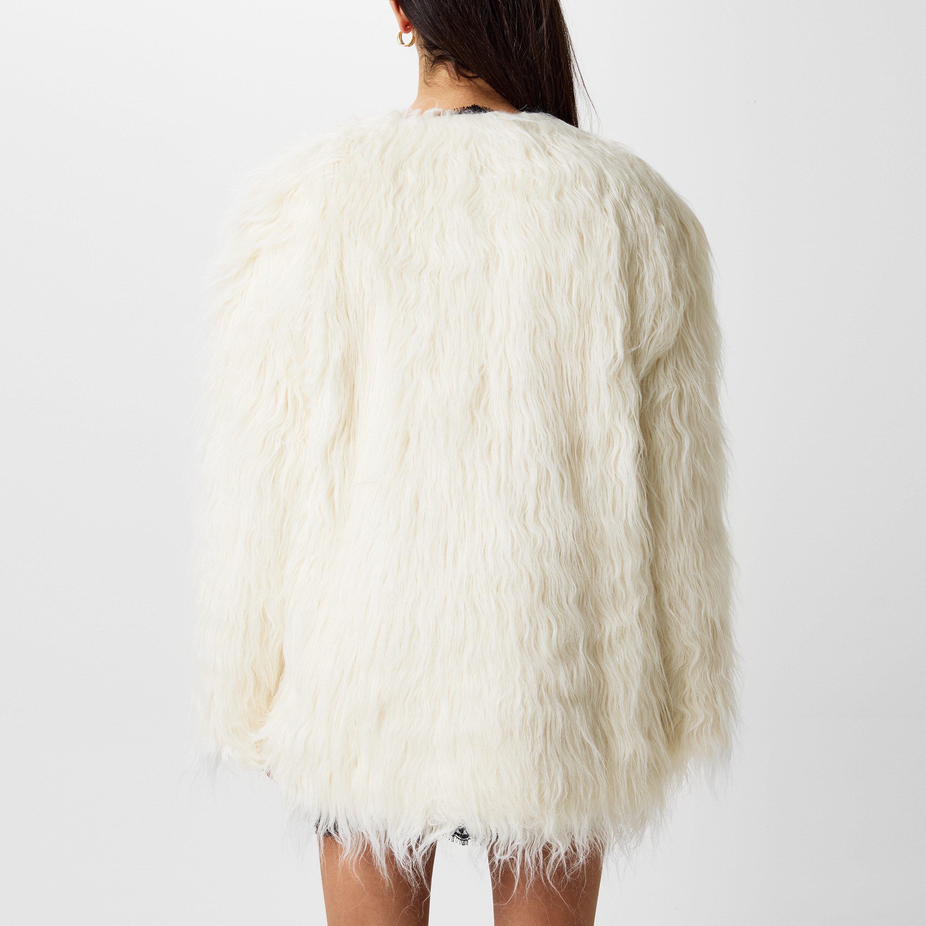 Craie/Noir - Saint Laurent - Women's Long Sleeve Lambskin Trim Oversized Fit Faux Fur Coat - 3