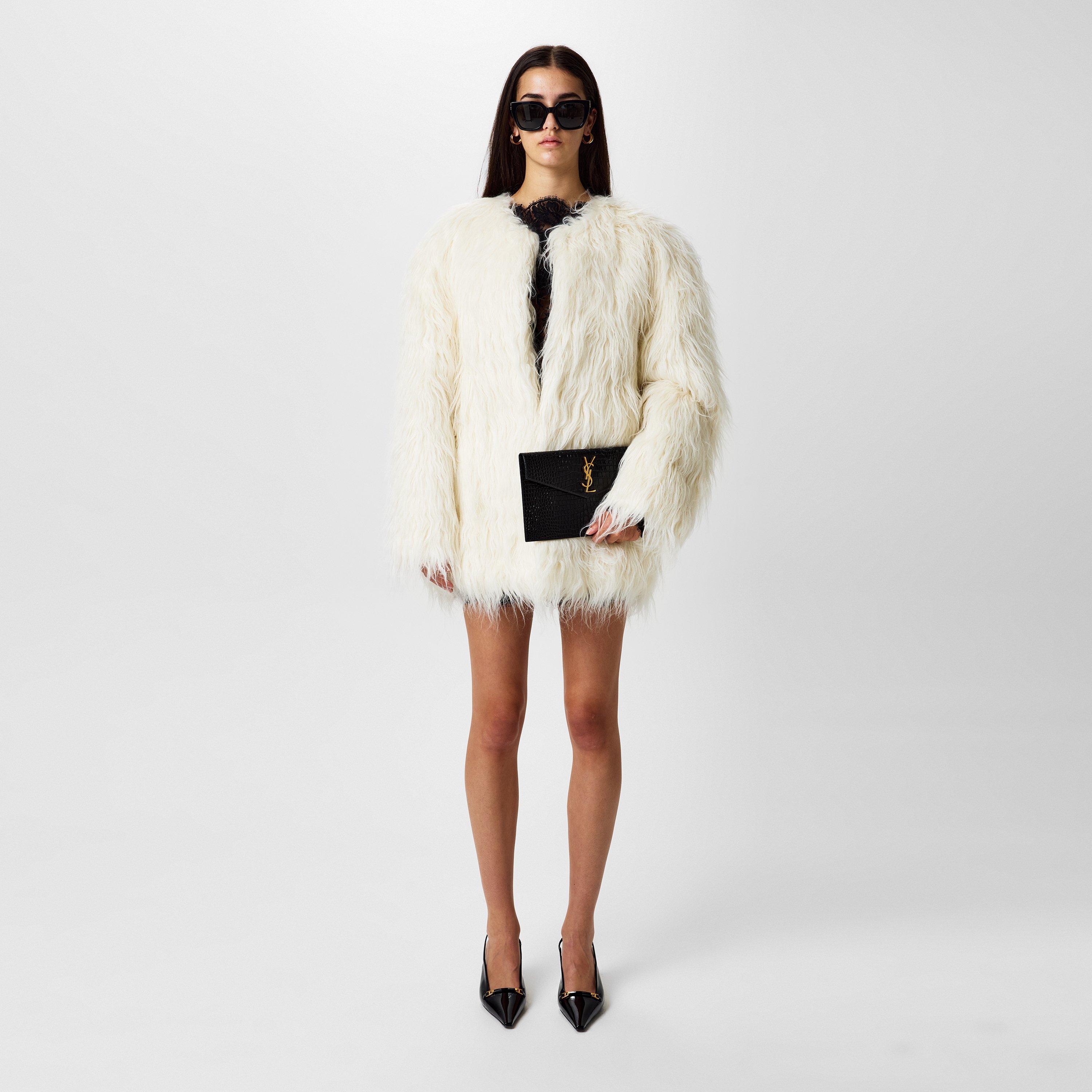 Craie/Noir - Saint Laurent - Women's Long Sleeve Lambskin Trim Oversized Fit Faux Fur Coat - 4