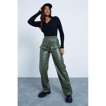 Maison T-shirt con applicazione Verde ISAWITFIRST Faux Leather Wide Leg Utility Trousers