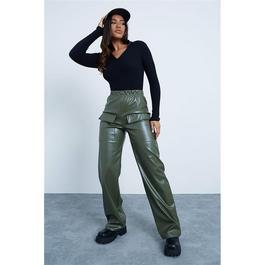 I Saw It First ISAWITFIRST Faux Leather Wide Leg Utility Trousers