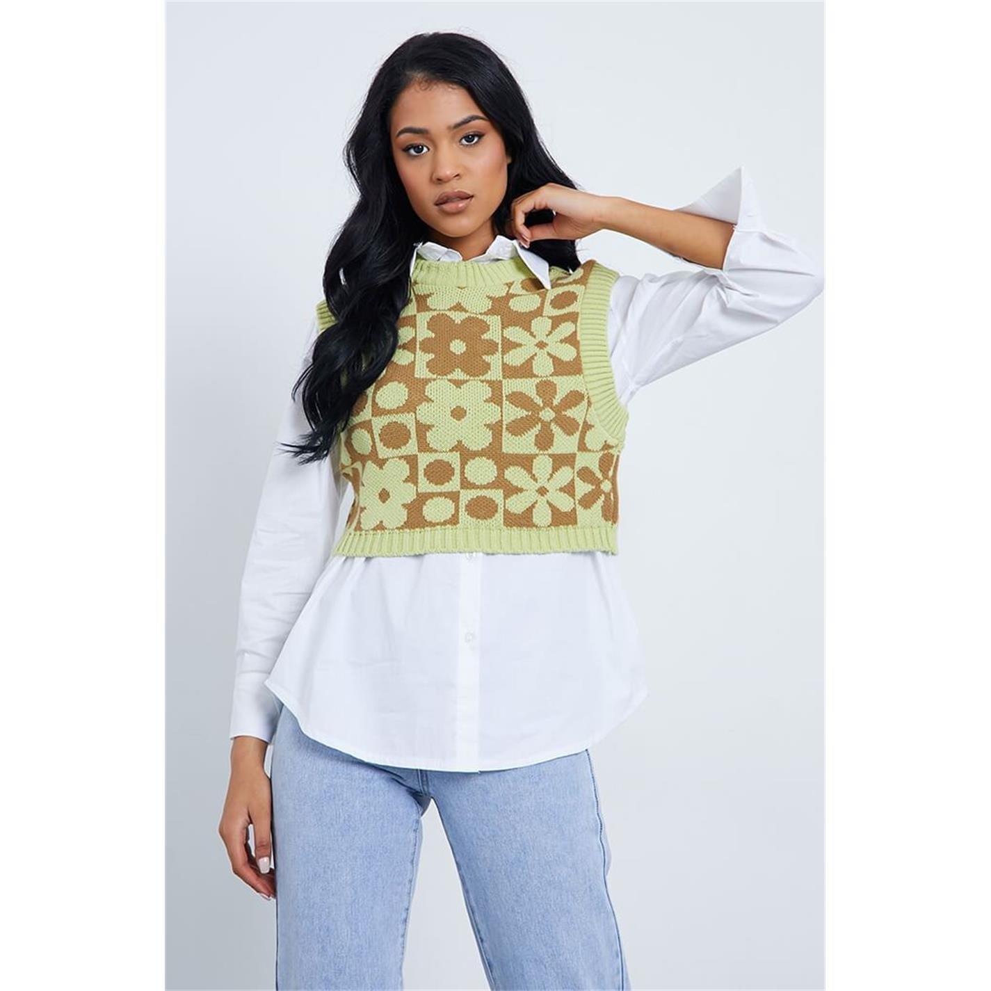 Green - I Saw It First - ISAWITFIRST Flower Jacquard Cropped Knitted Vest - 1