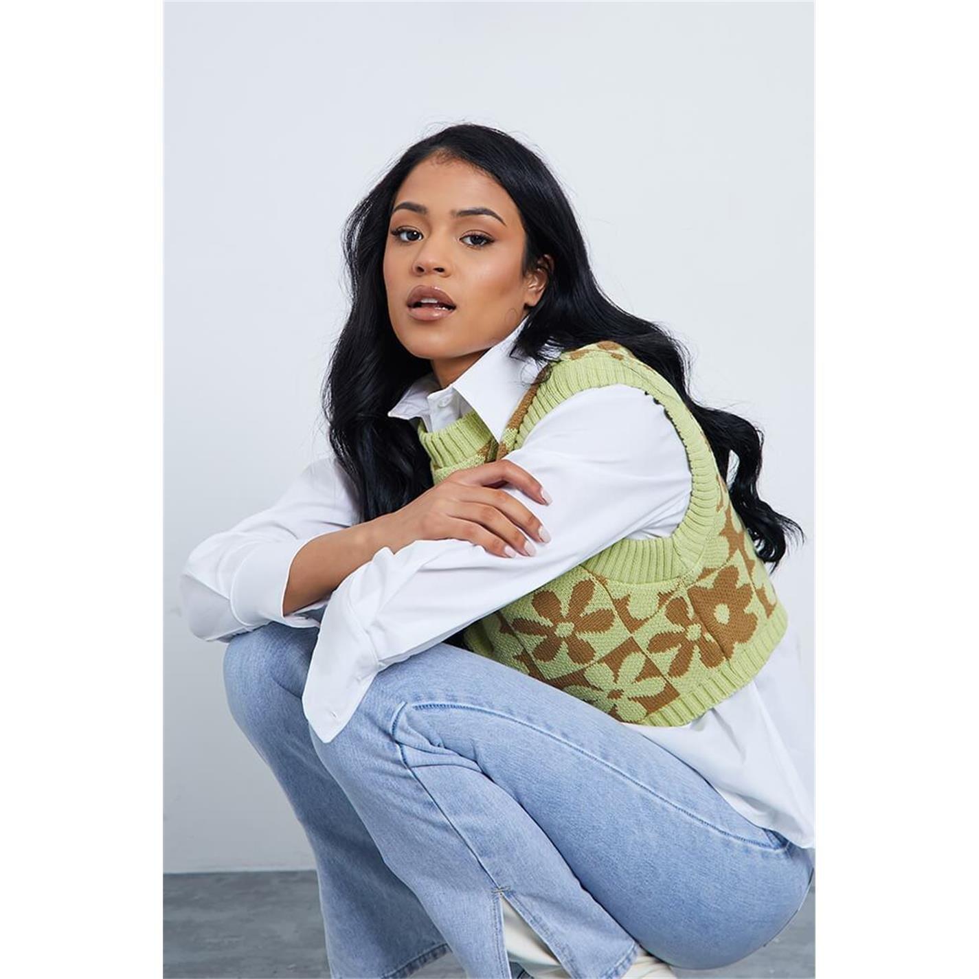 Green - I Saw It First - ISAWITFIRST Flower Jacquard Cropped Knitted Vest - 2