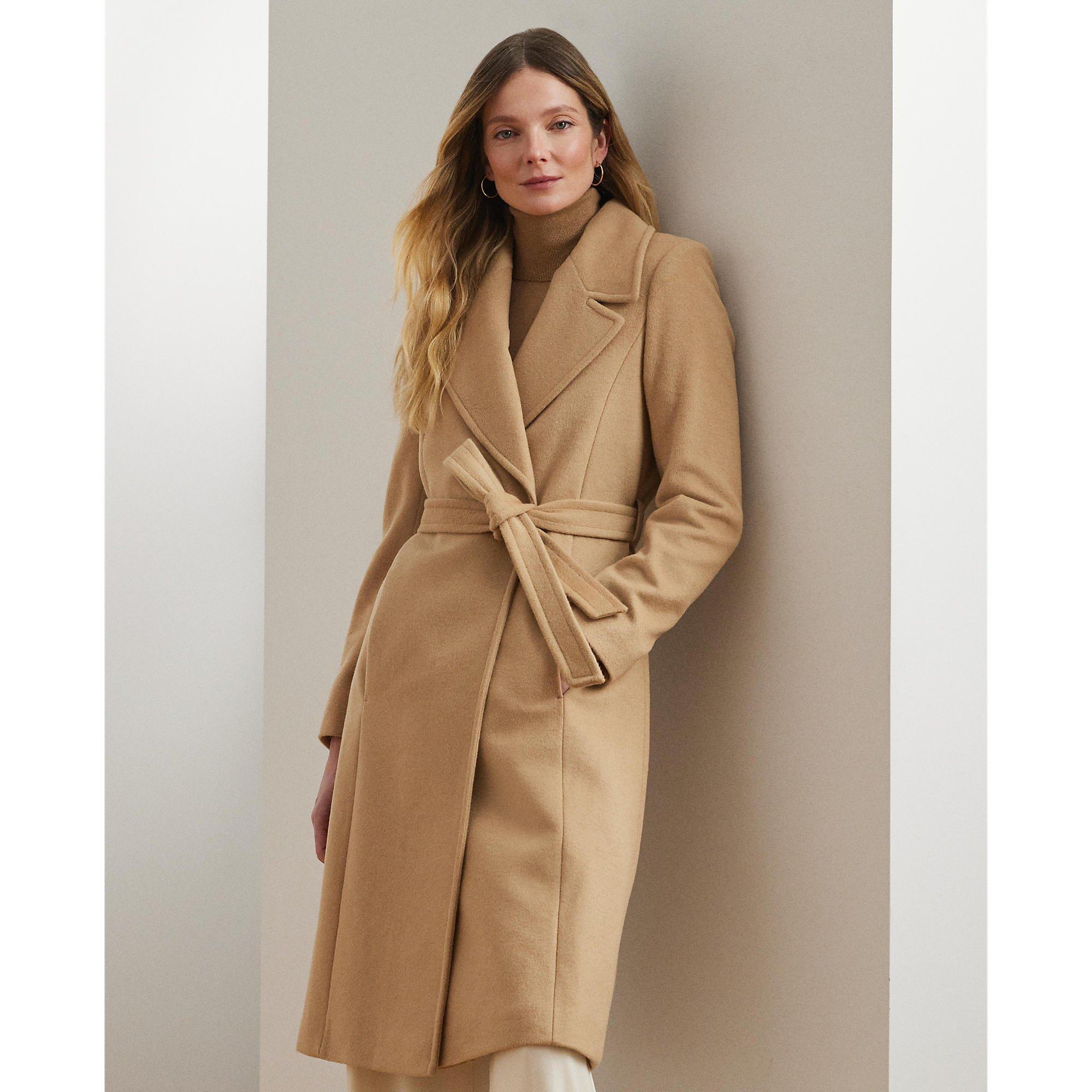 Camel - Lauren by Ralph Lauren - Women's Belted Wrap Wool Long Sleeve Overcoat - 5