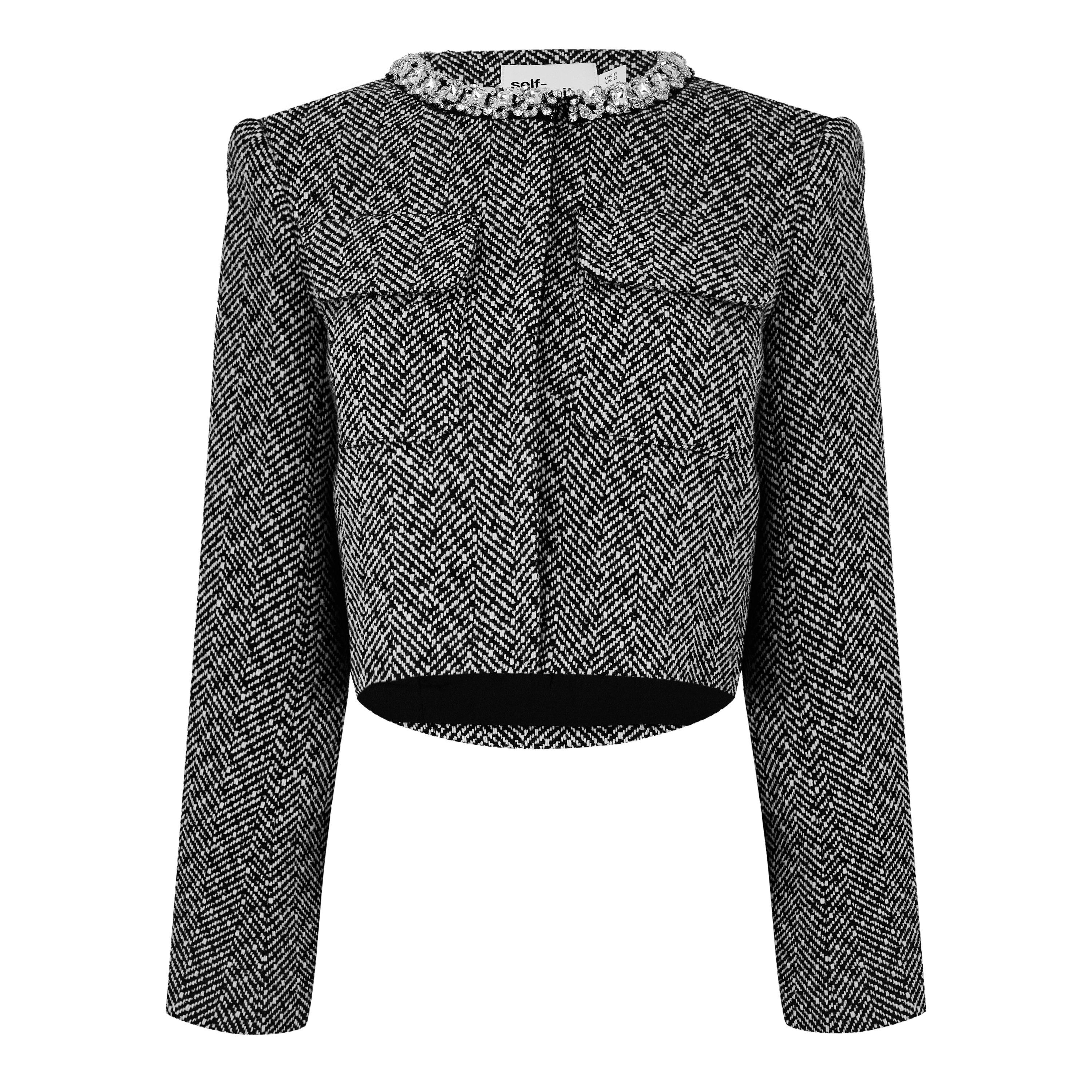 Black - Self Portrait - Women's Herringbone Embellished Overcoat - 5