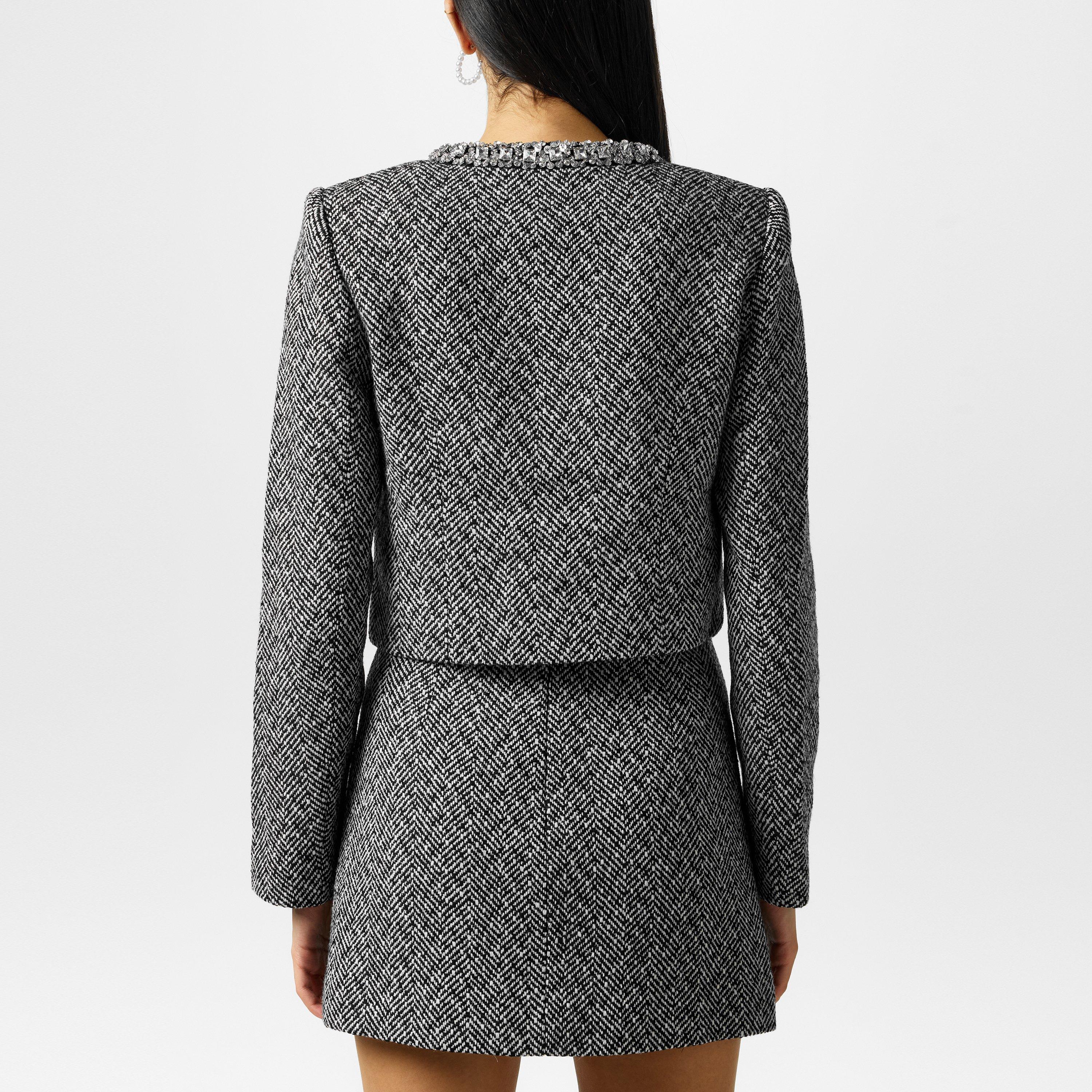 Black - Self Portrait - Women's Herringbone Embellished Overcoat - 3