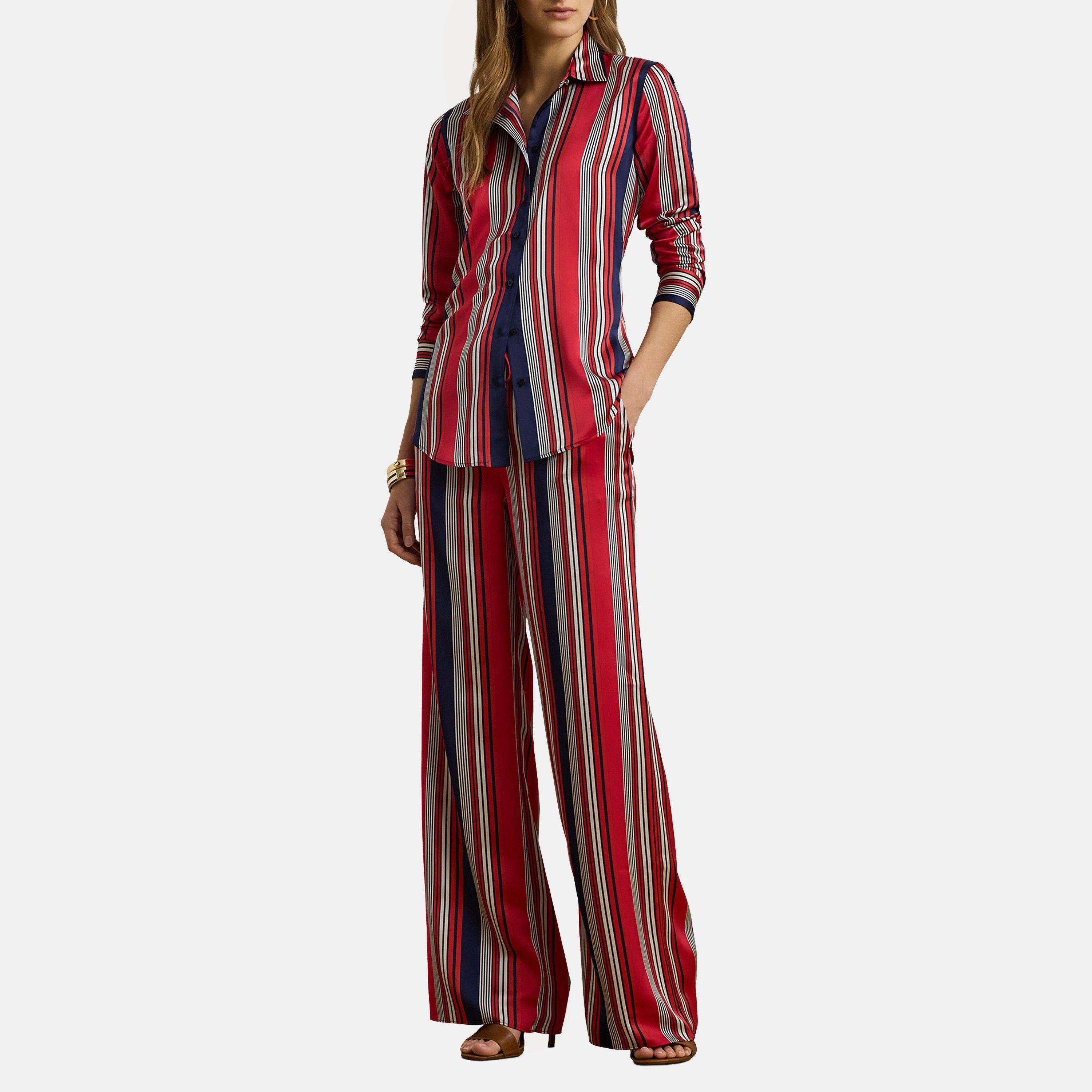 Red Multi - Lauren by Ralph Lauren - Striped Charmeuse Wide-Leg Trousers - 4