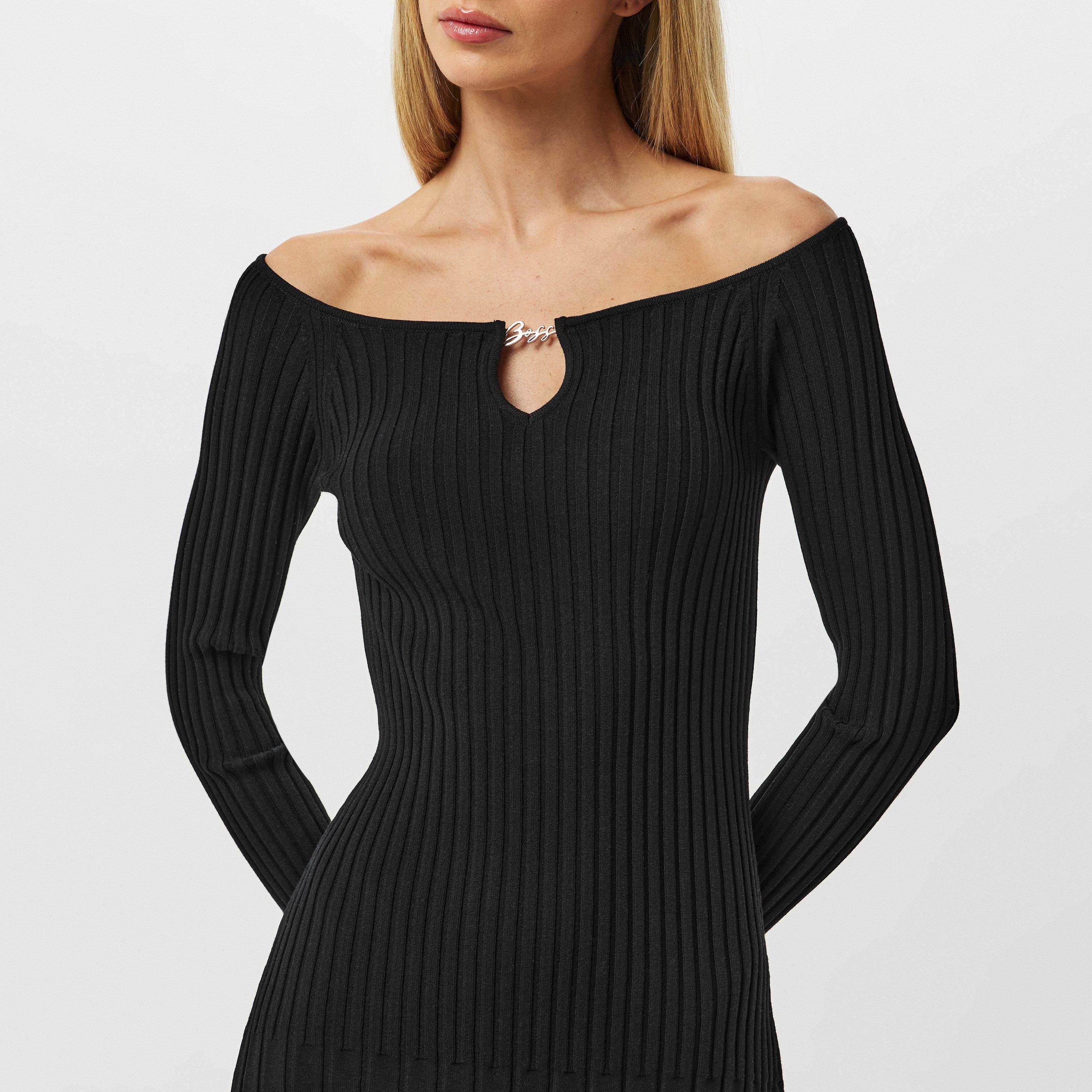 Black - Boss - Women's C_Flimt Knitted Dress, Flattering Ribbed Design - 5