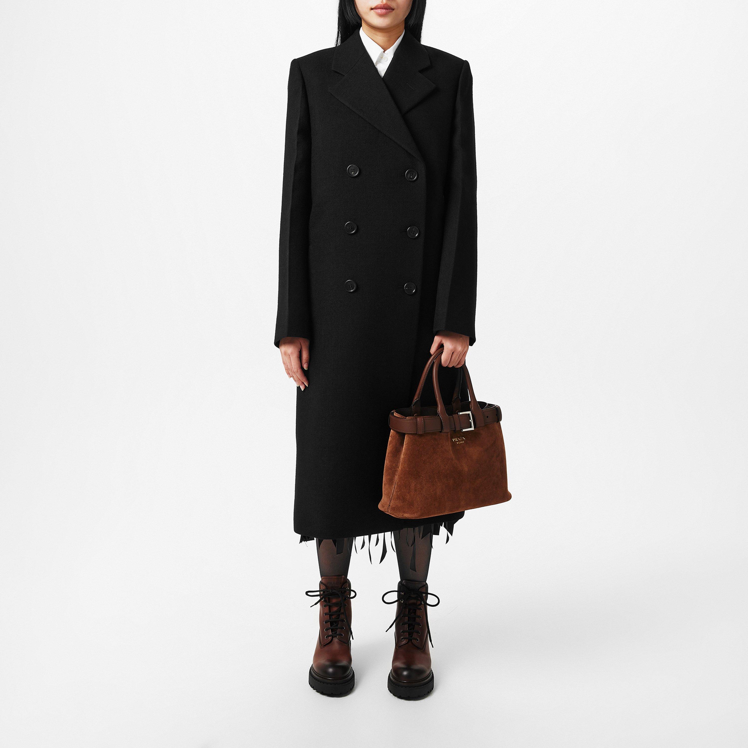 Nero - Prada - Women's Double-Breasted Wool Long Sleeve Overcoat - 6
