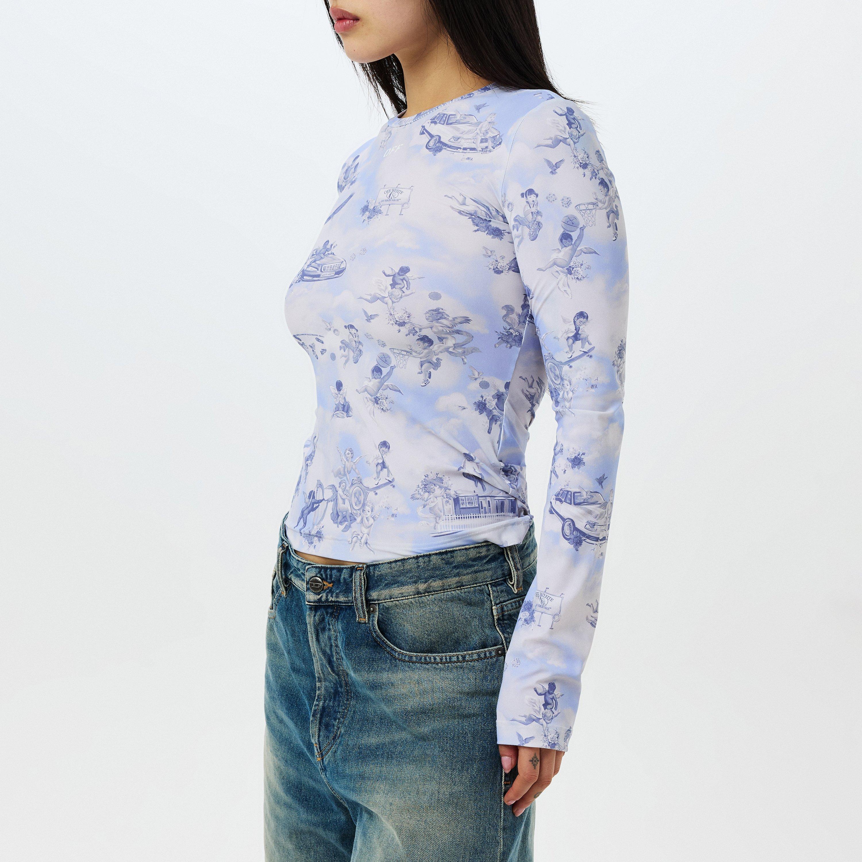 Blue - Off White - Women's Fresco Second Skin Long-Sleeve Top, Mural-like Print - 3