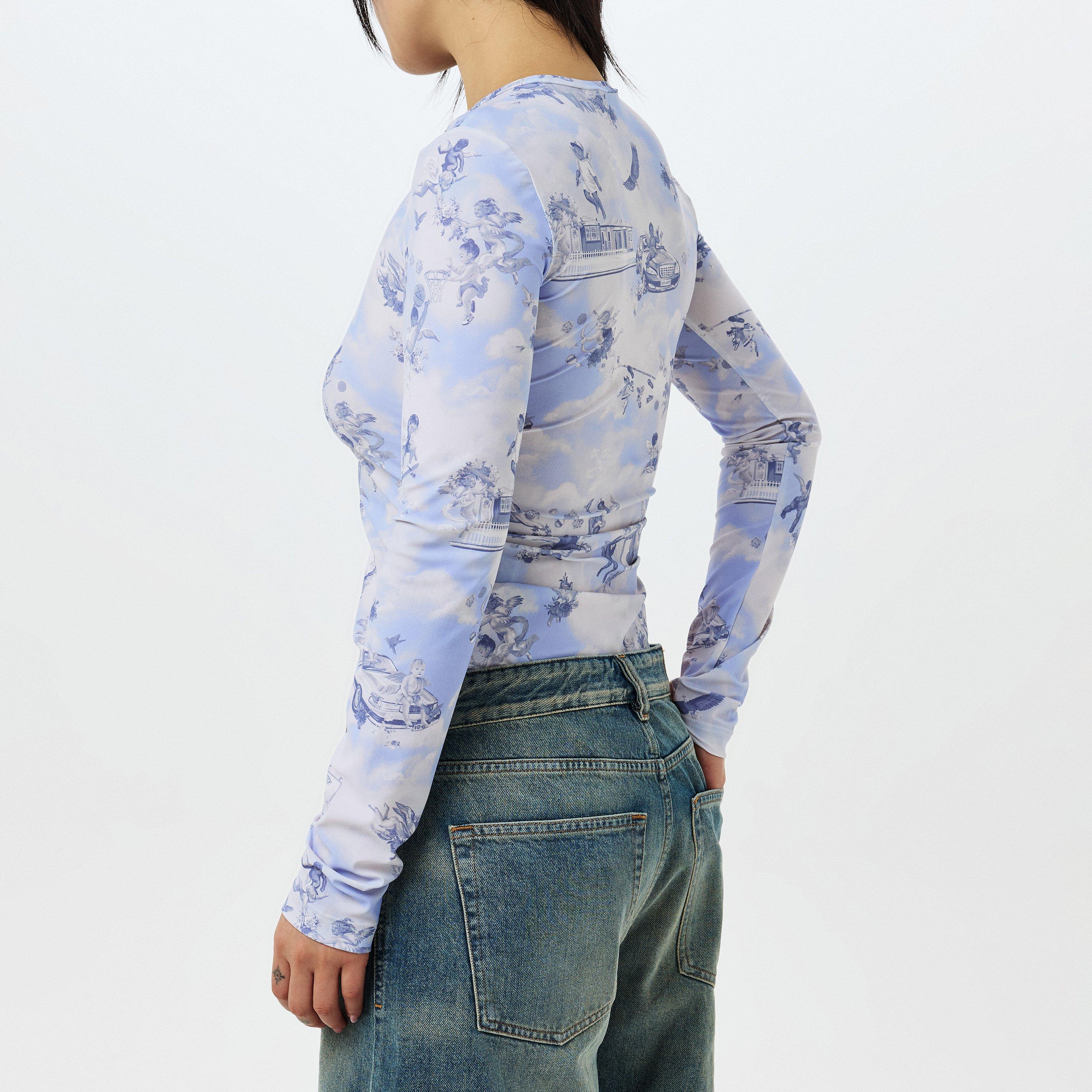 Blue - Off White - Women's Fresco Second Skin Long-Sleeve Top, Mural-like Print - 4