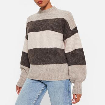I Saw It First ISAWITFIRST Recycled Knit Blend Balloon Sleeve Stripe Jumper