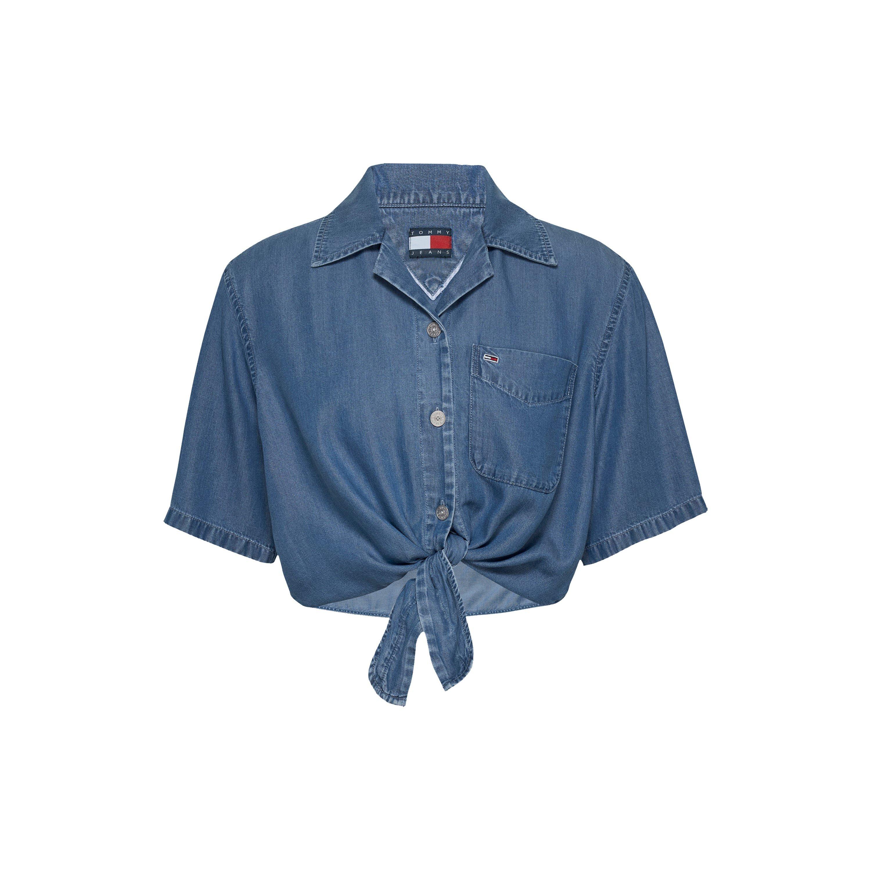 Denim Medium - Tommy Jeans - Women's Chambray Tie Short-Sleeve Plain Shirt - 1
