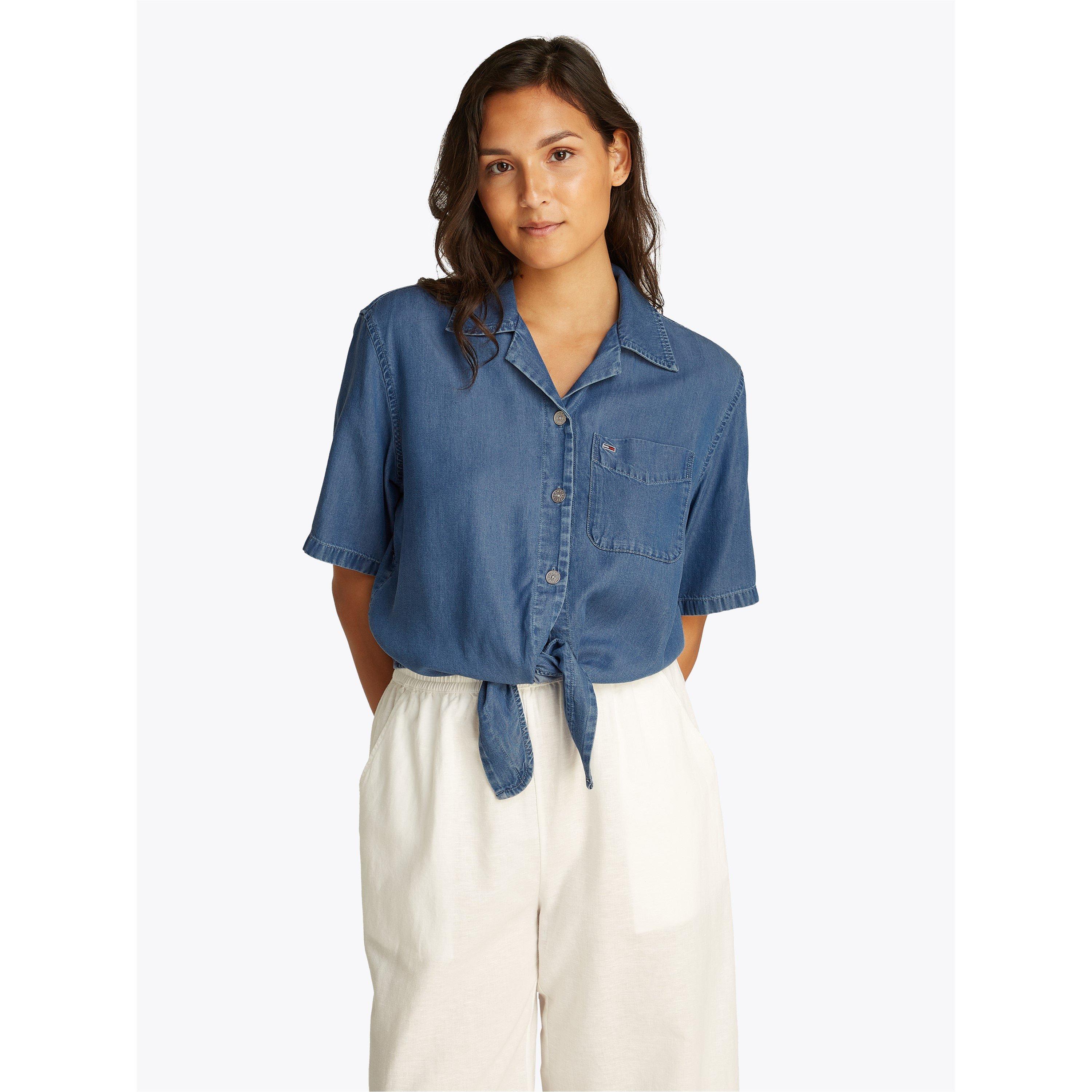 Denim Medium - Tommy Jeans - Women's Chambray Tie Short-Sleeve Plain Shirt - 3