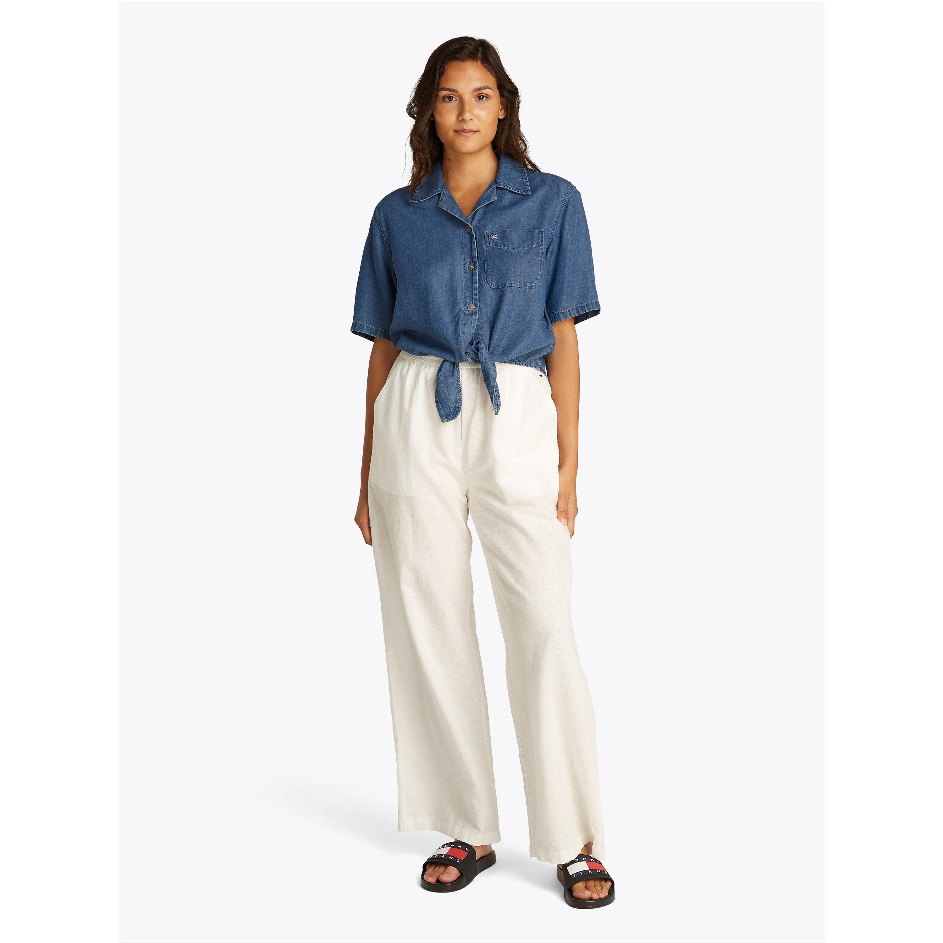 Denim Medium - Tommy Jeans - Women's Chambray Tie Short-Sleeve Plain Shirt - 5