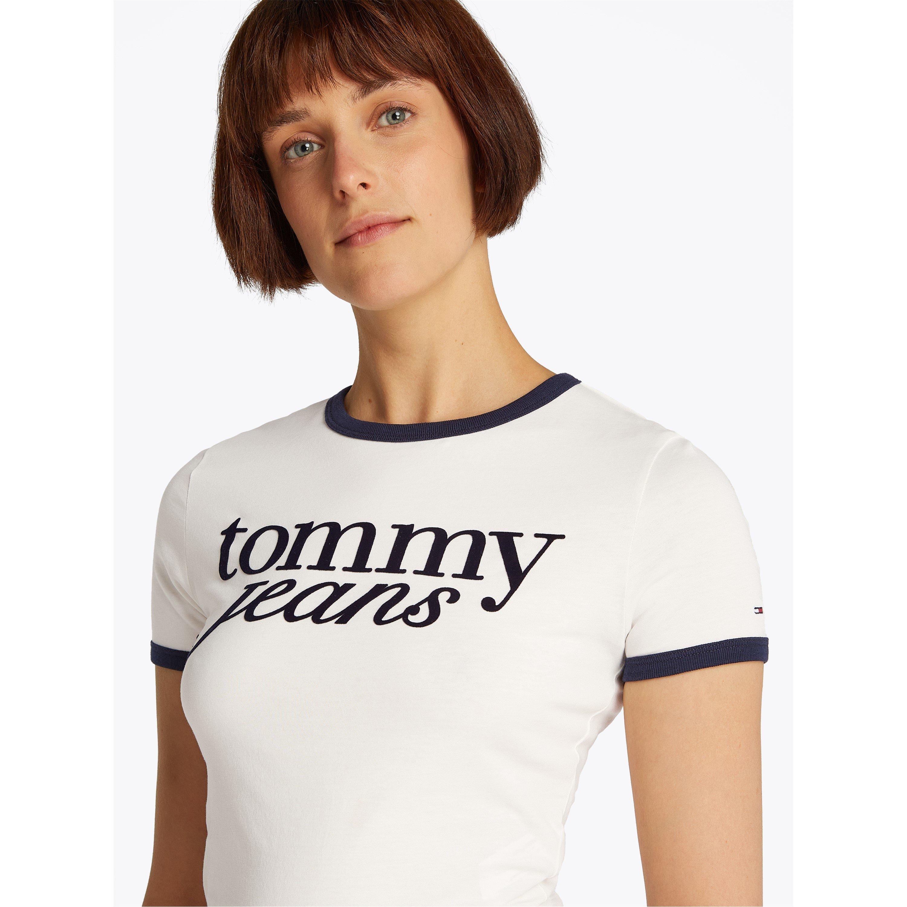 Ecru - Tommy Jeans - Women's Short Sleeve Script Ringer Slim Fit T-Shirt - 2