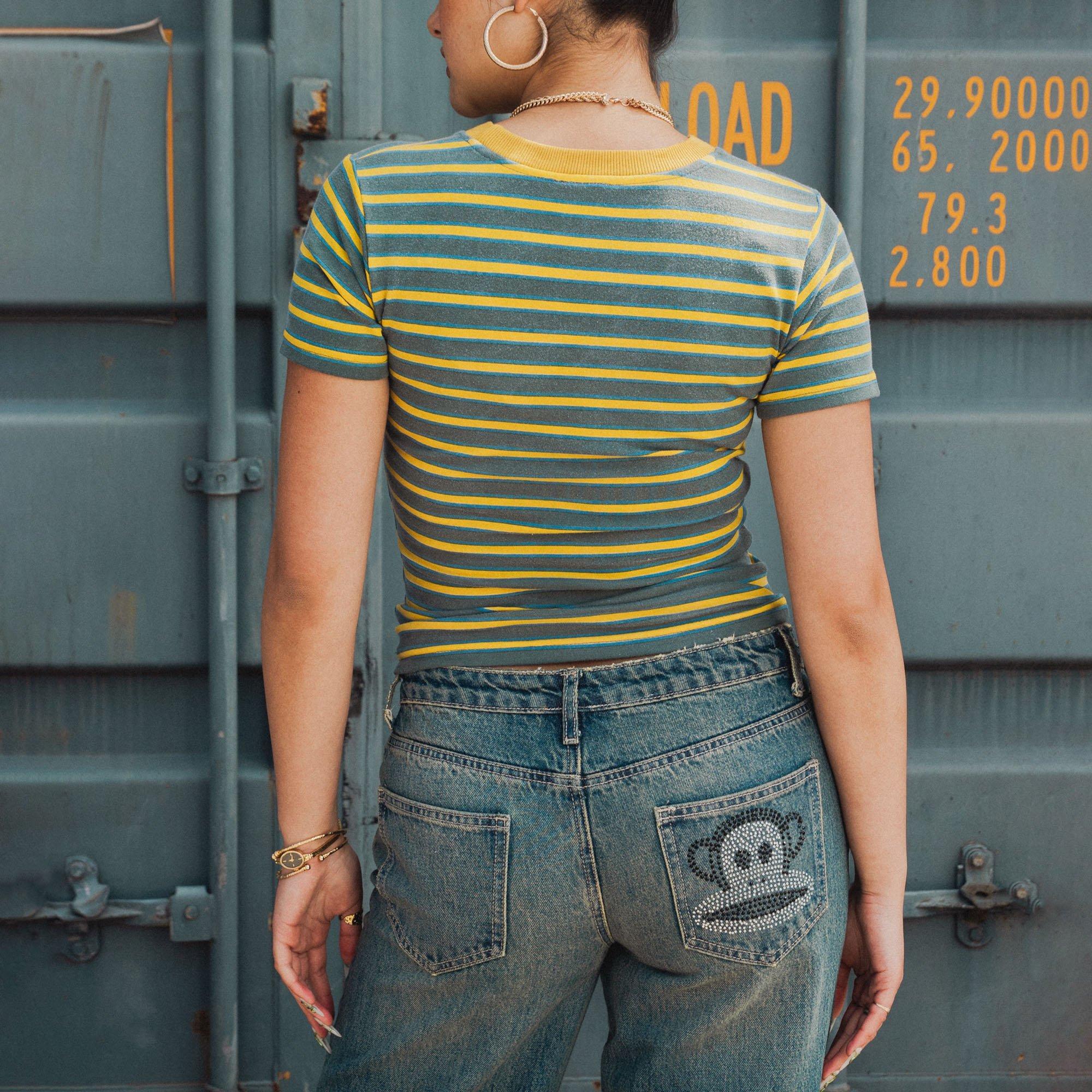GREEN YELLOW - Daisy Street - Daisy Street x Paul Frank Striped Distressed Womens Cropped T-Shirt - 2