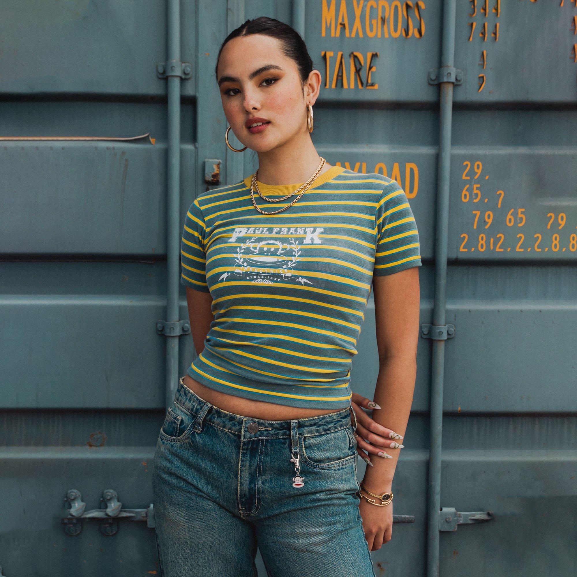 GREEN YELLOW - Daisy Street - Daisy Street x Paul Frank Striped Distressed Womens Cropped T-Shirt - 4