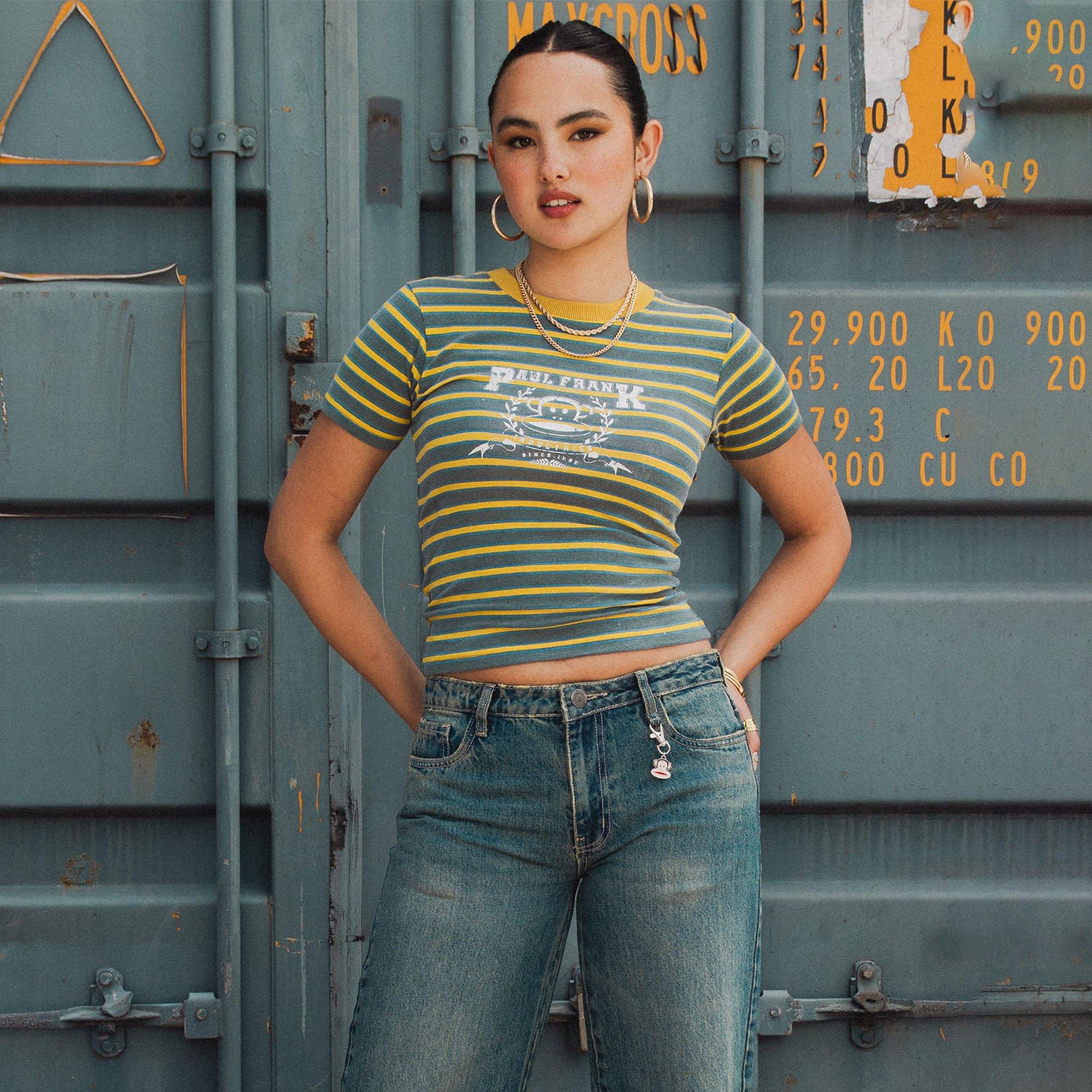 GREEN YELLOW - Daisy Street - Daisy Street x Paul Frank Striped Distressed Womens Cropped T-Shirt - 5
